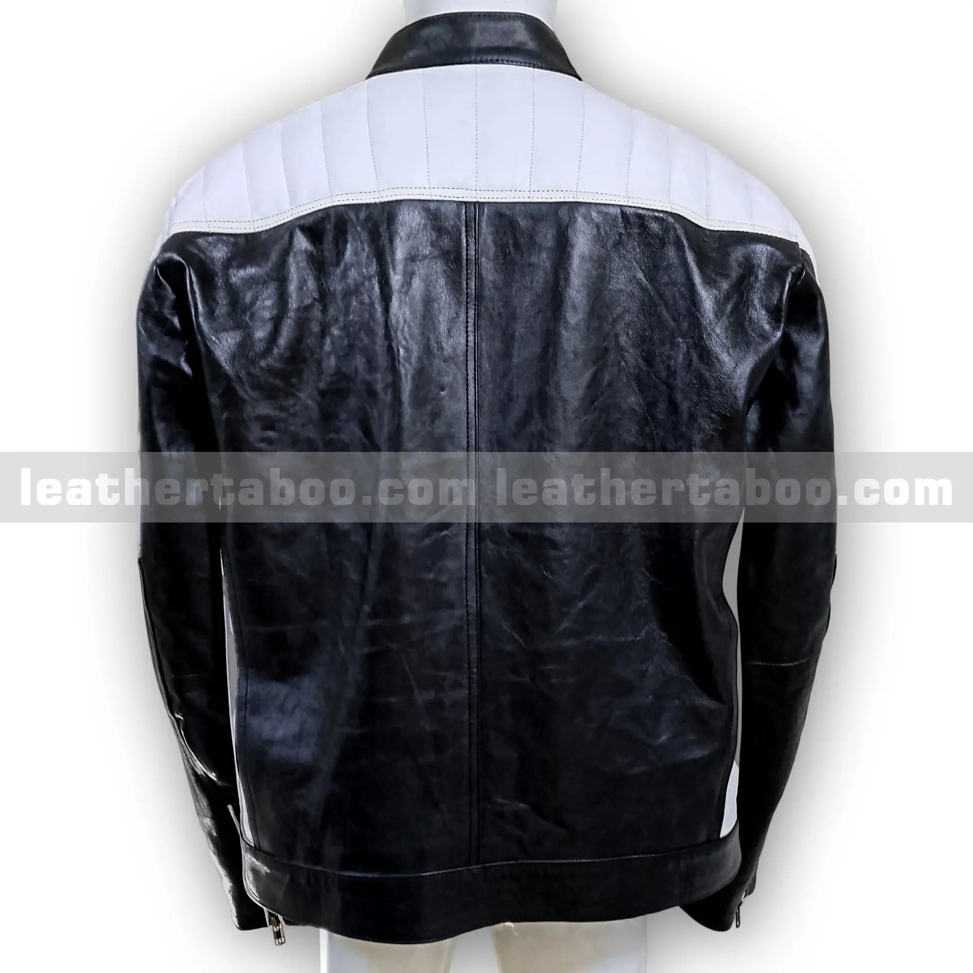 Men's Premium Cowhide Leather Biker Jacket with White Shoulder Panels and Zipper Details – Streetwear Style Outerwear - Leather taboo