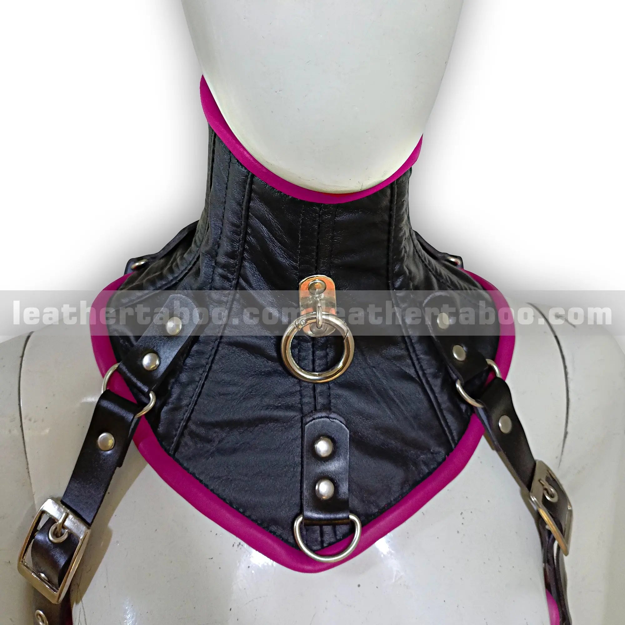 Women's Premium Sheepskin Leather Black Corset Bodysuit with Buckles and Hot Pink Trim โ Edgy Streetwear-Inspired Design - Leather taboo