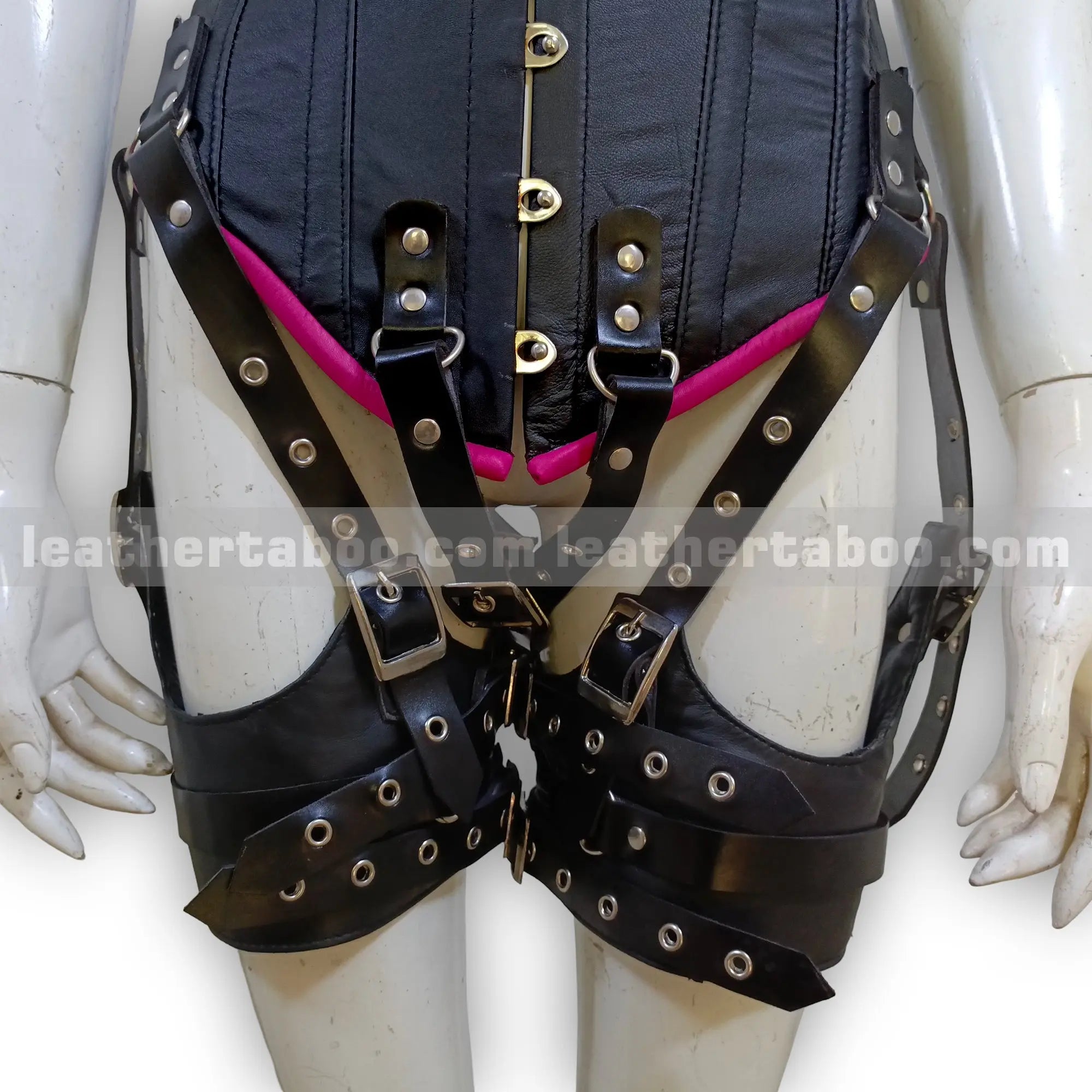 Women's Premium Sheepskin Leather Black Corset Bodysuit with Buckles and Hot Pink Trim – Edgy Streetwear-Inspired Design - Leather taboo