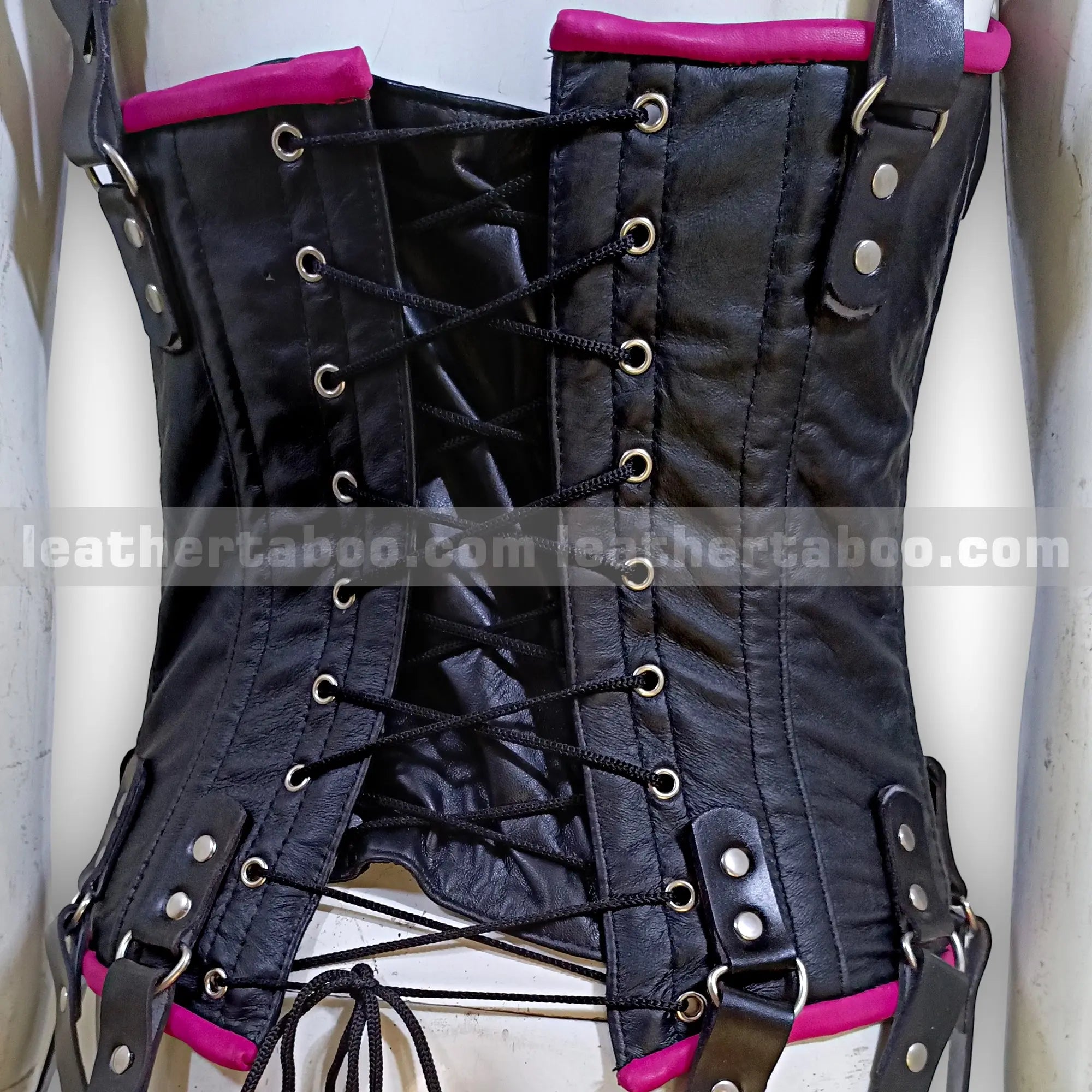 Women's Premium Sheepskin Leather Black Corset Bodysuit with Buckles and Hot Pink Trim – Edgy Streetwear-Inspired Design - Leather taboo