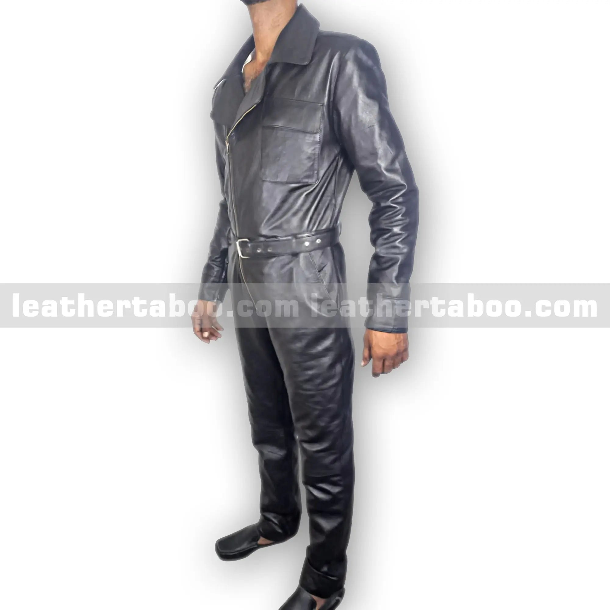 Men’s Premium Sheepskin Leather Jumpsuit with Asymmetric Zipper and Belt – Black Utility Style One-Piece Outfit - Leather taboo