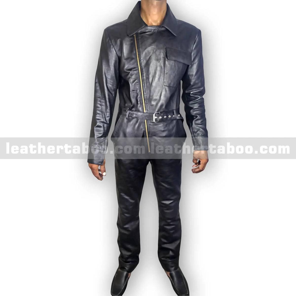 Men’s Premium Sheepskin Leather Jumpsuit with Asymmetric Zipper and Belt – Black Utility Style One-Piece Outfit - Leather taboo