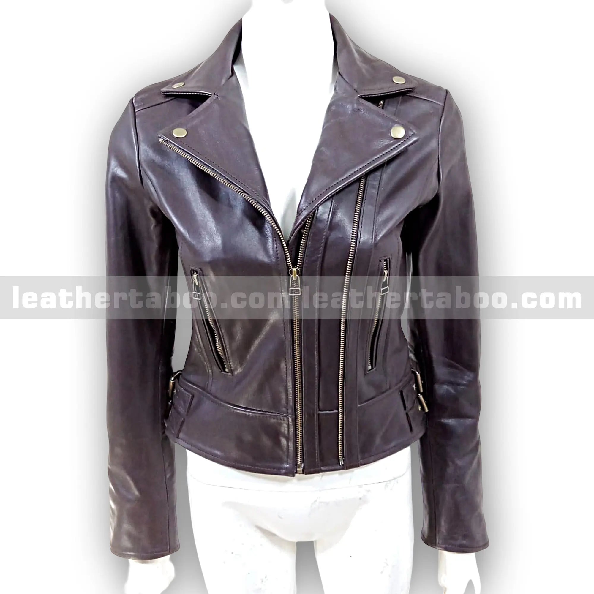 Women's Premium Sheepskin Leather Biker Jacket – Classic Black Moto Style with Zipper Pockets and Side Buckles - Leather taboo