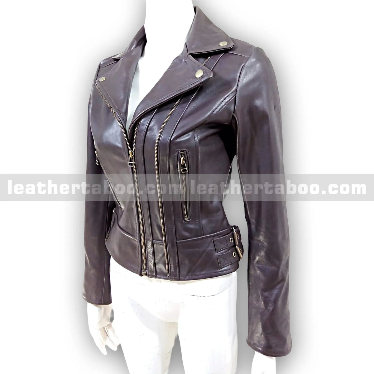 Women's Premium Sheepskin Leather Biker Jacket – Classic Black Moto Style with Zipper Pockets and Side Buckles - Leather taboo