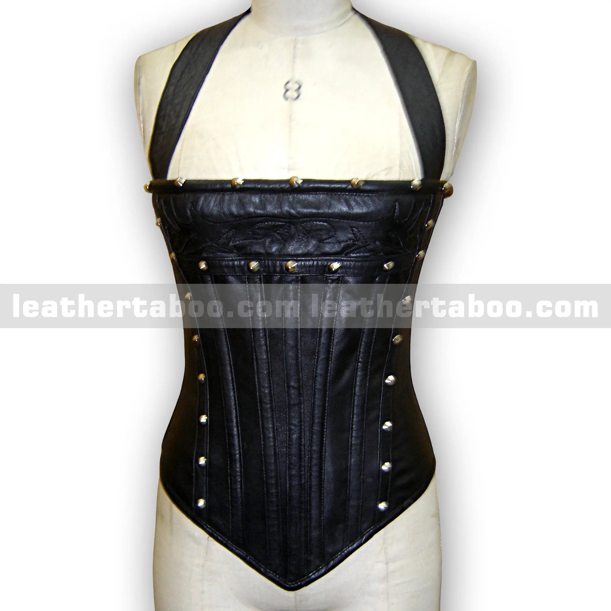Women's Sheepskin Leather Corset Top with Stud Details | Black Fitted Waist Cincher | Halter Neck Leather Bustier | Structured Design - Leather taboo