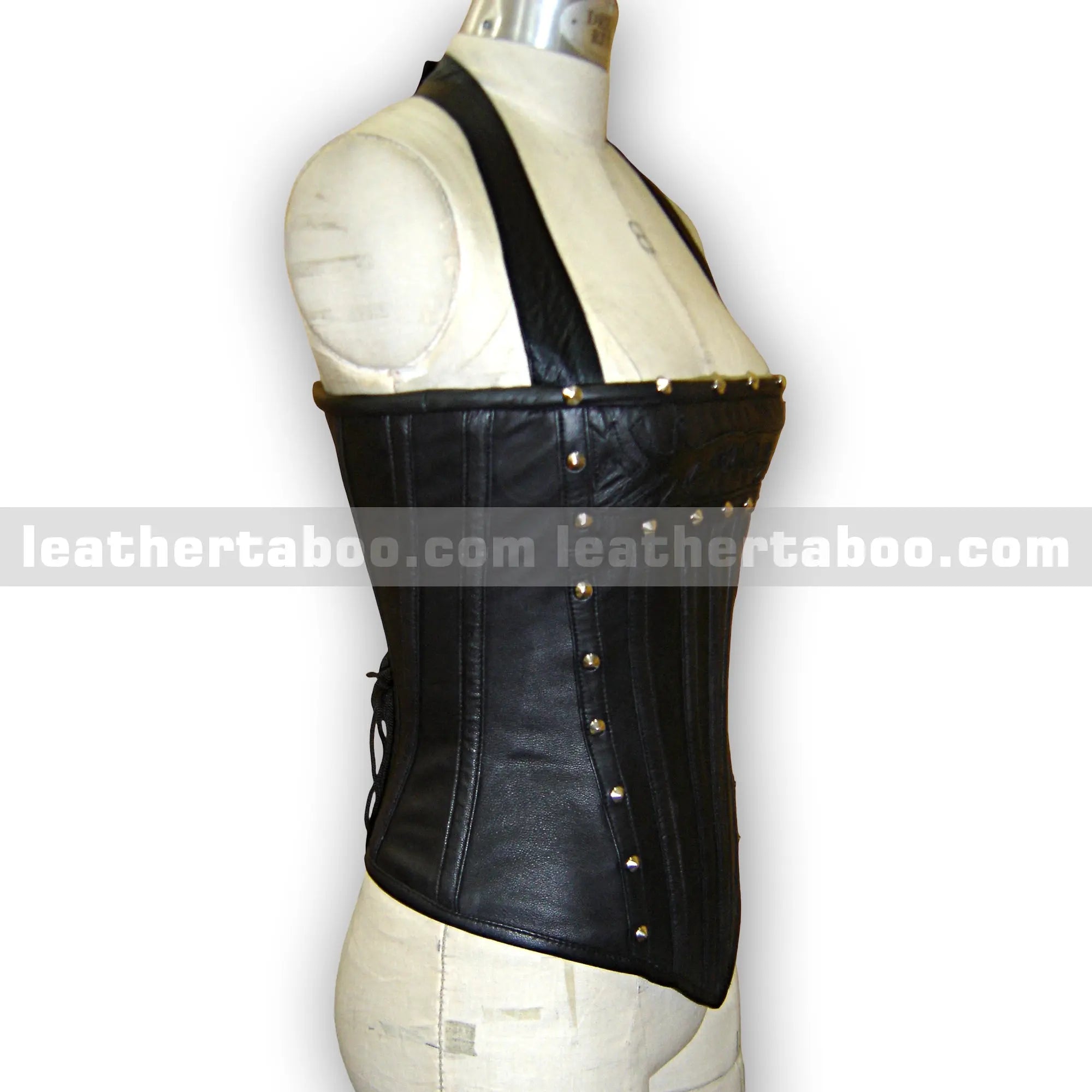Women's Sheepskin Leather Corset Top with Stud Details | Black Fitted Waist Cincher | Halter Neck Leather Bustier | Structured Design - Leather taboo
