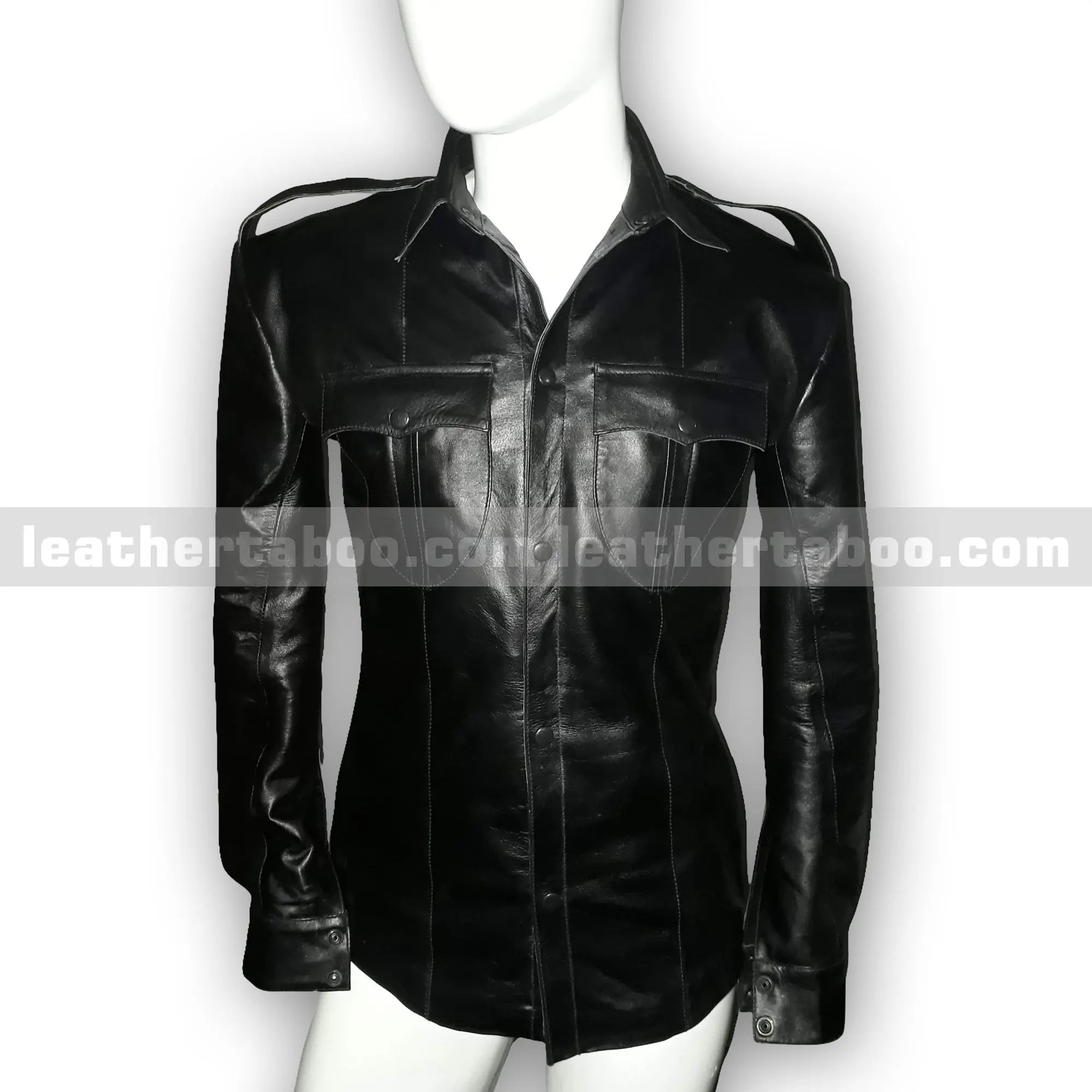 Menโs Premium Cowhide Leather Shirt with Shoulder Cutouts โ Button-Up Military Styleโ Stylish Outerwear - Leather taboo