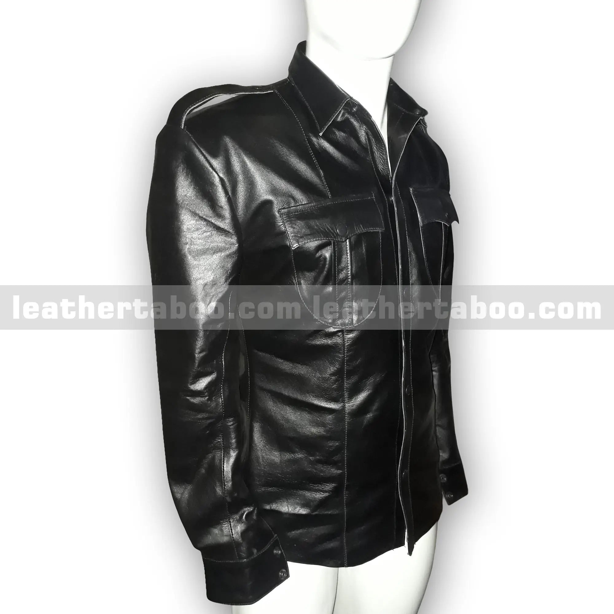Menโs Premium Cowhide Leather Shirt with Shoulder Cutouts โ Button-Up Military Styleโ Stylish Outerwear - Leather taboo