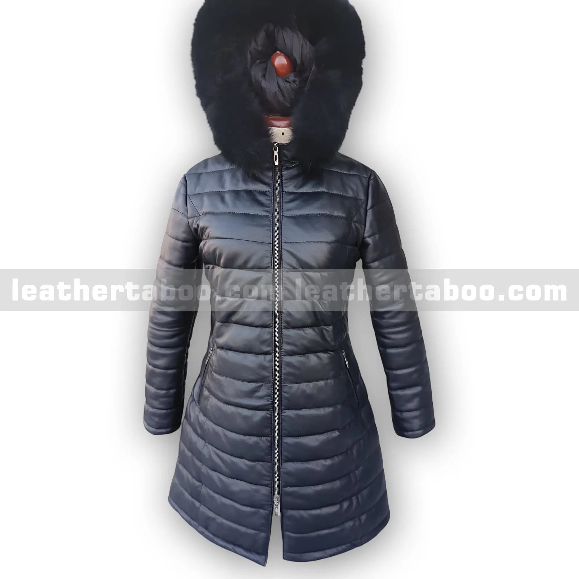 Women's Long Black Sheepskin Leather Coat with Faux Fur Hood | Quilted Winter Jacket | Warm Slim Fit Outerwear for Cold Weather - Leather taboo