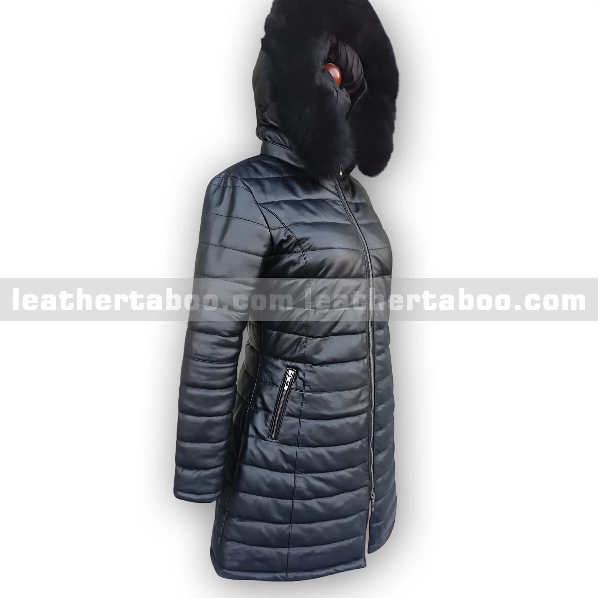 Women's Long Black Sheepskin Leather Coat with Faux Fur Hood | Quilted Winter Jacket | Warm Slim Fit Outerwear for Cold Weather - Leather taboo