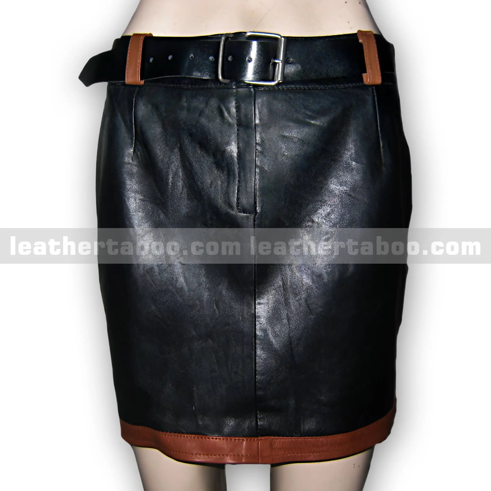 Women's Premium Sheepskin Leather Two-Piece Outfit – Black and Brown Crop Top with Belted Skirt - Leather taboo