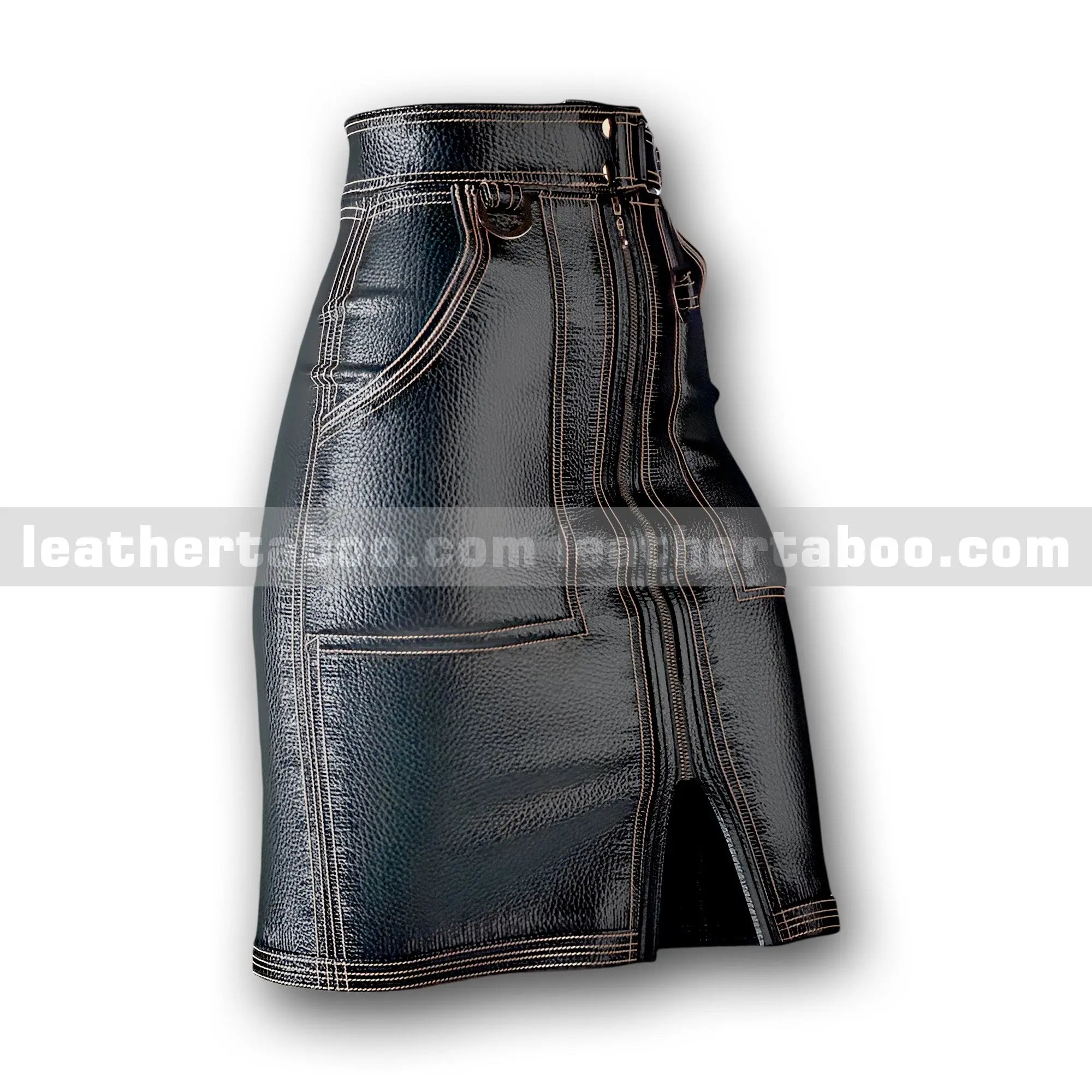 Women's Premium Cowhide Leather High-Waisted Skirt with Front Slit, Belted Waist & Contrast Stitching โ Black Leather Skirt - Leather taboo
