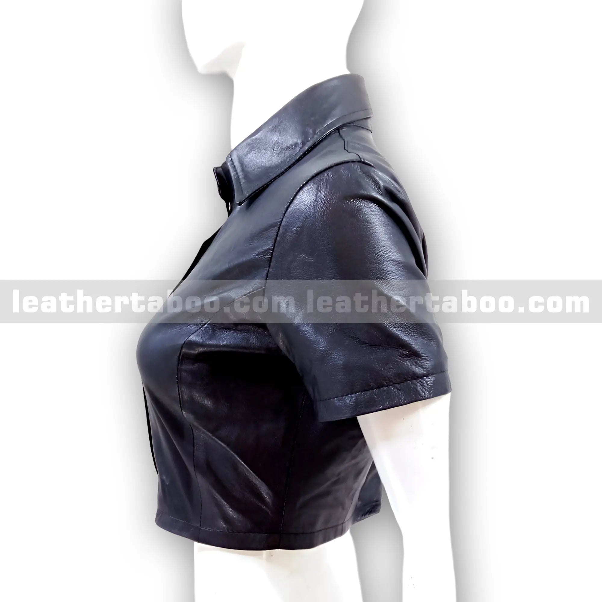 Women's Black Leather Cropped Shirt | Short Sleeve Button Up Sheepskin Top | Collared Leather Blouse for Casual & Streetwear Look - Leather taboo