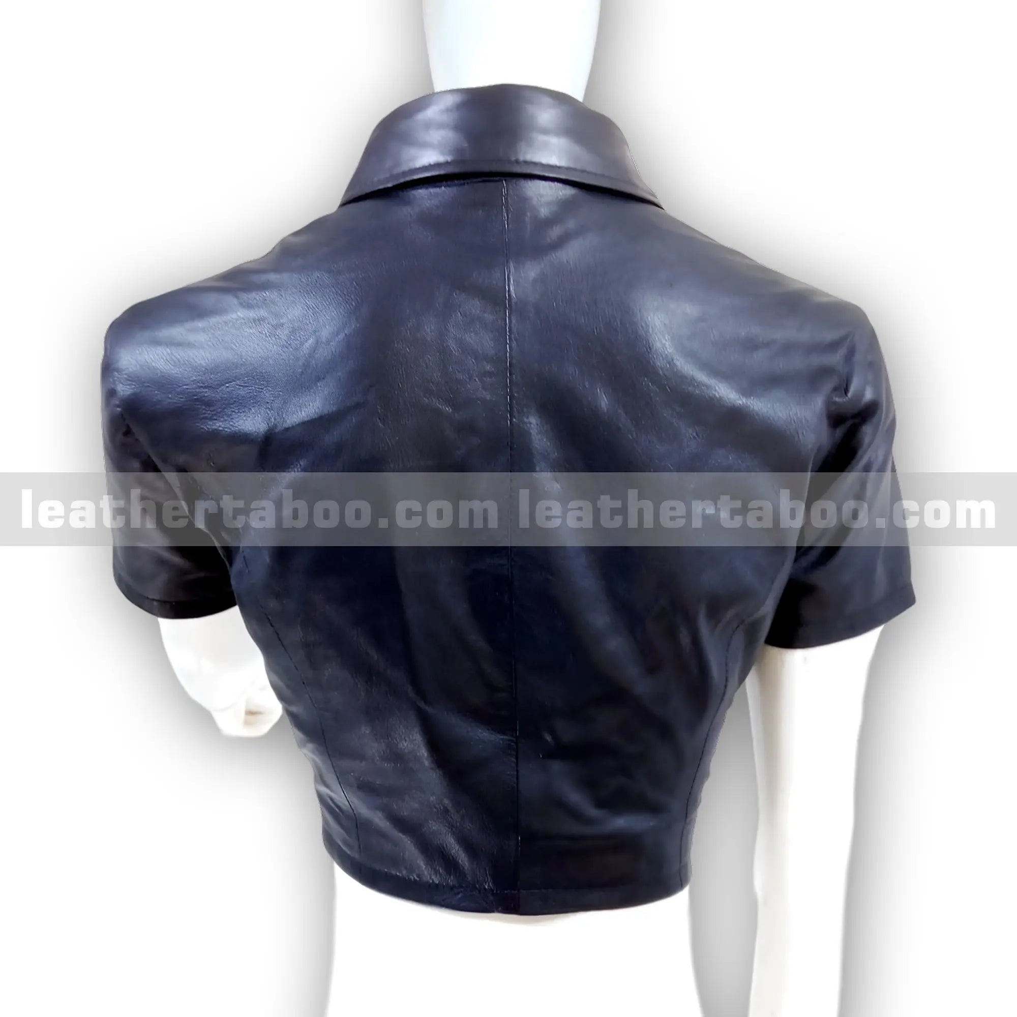 Women's Black Leather Cropped Shirt | Short Sleeve Button Up Sheepskin Top | Collared Leather Blouse for Casual & Streetwear Look - Leather taboo