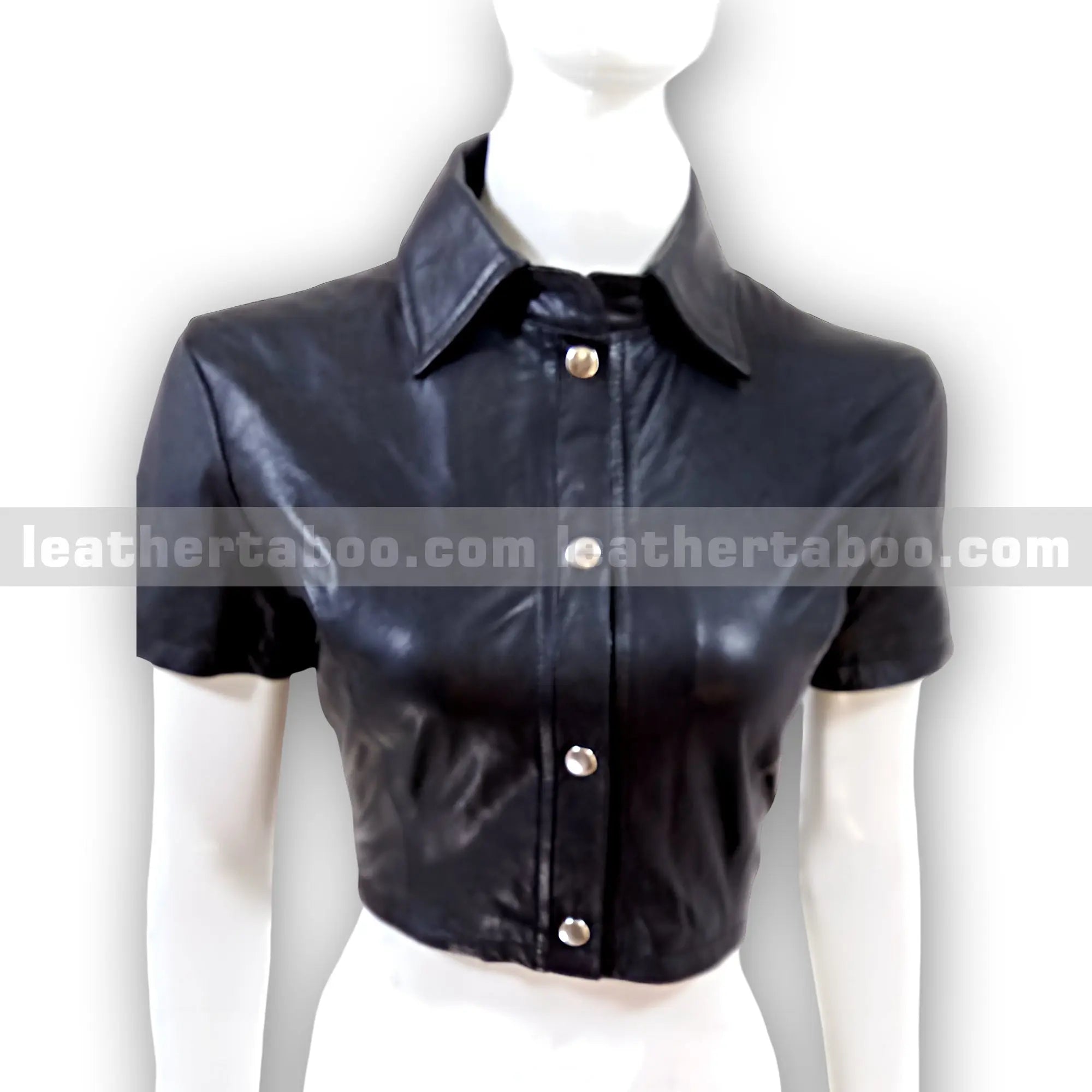 Women's Black Leather Cropped Shirt | Short Sleeve Button Up Sheepskin Top | Collared Leather Blouse for Casual & Streetwear Look - Leather taboo