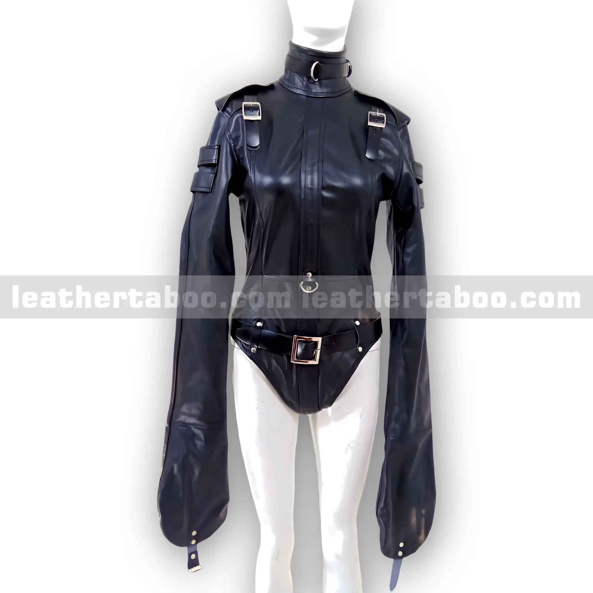Women's Black Cowhide Leather Belted Bodysuit with Buckle Details โ Long Sleeve High Neck Zipper Back Suit for Fashion Styling - Leather taboo