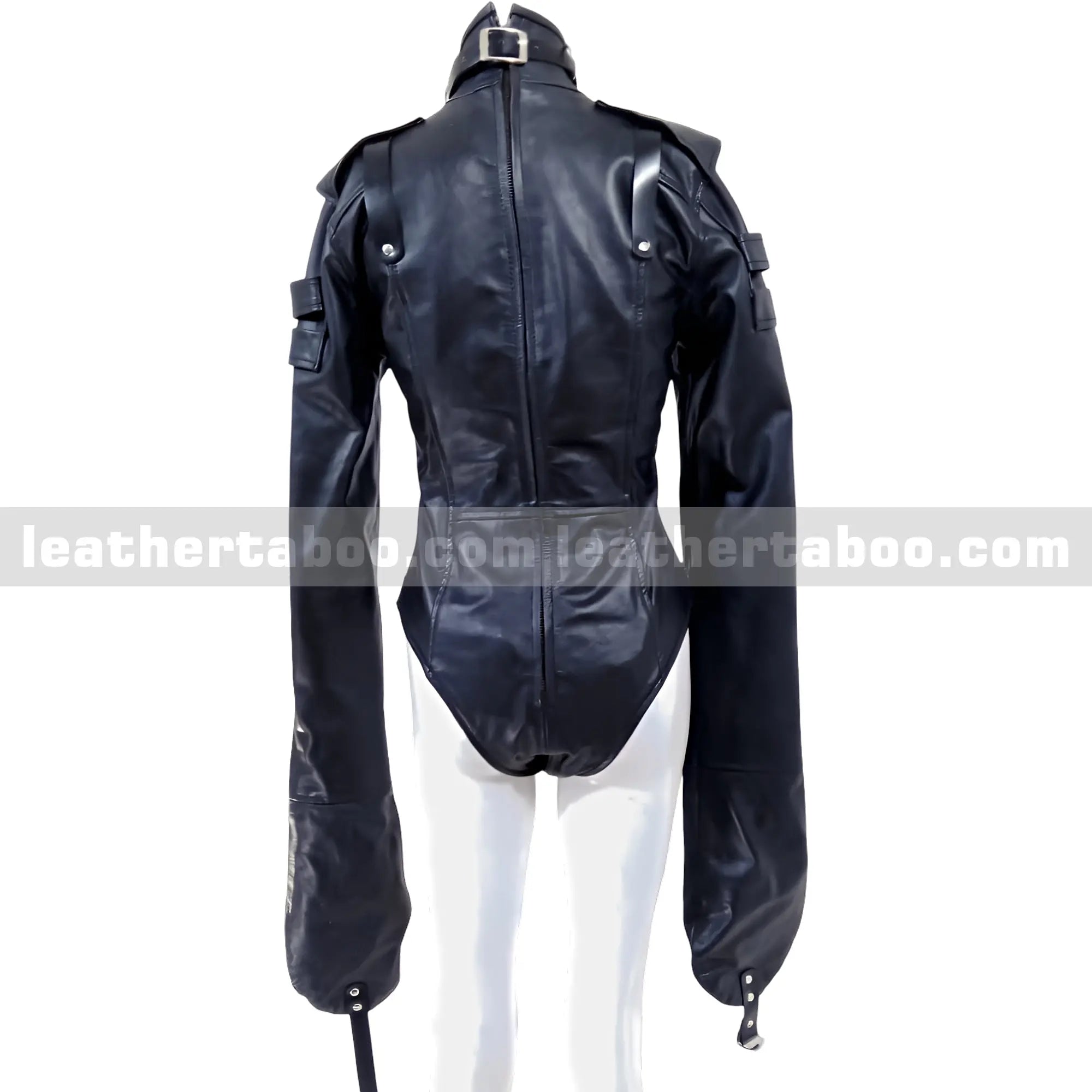 Women's Black Cowhide Leather Belted Bodysuit with Buckle Details – Long Sleeve High Neck Zipper Back Suit for Fashion Styling - Leather taboo