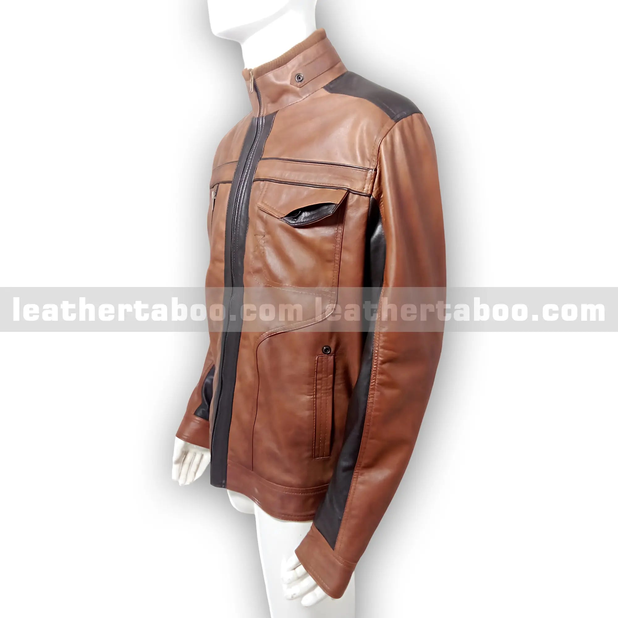 Men's Premium Sheepskin Leather Brown Jacket with Black Contrast Panels – Slim Fit Outerwear with Zipper - Leather taboo