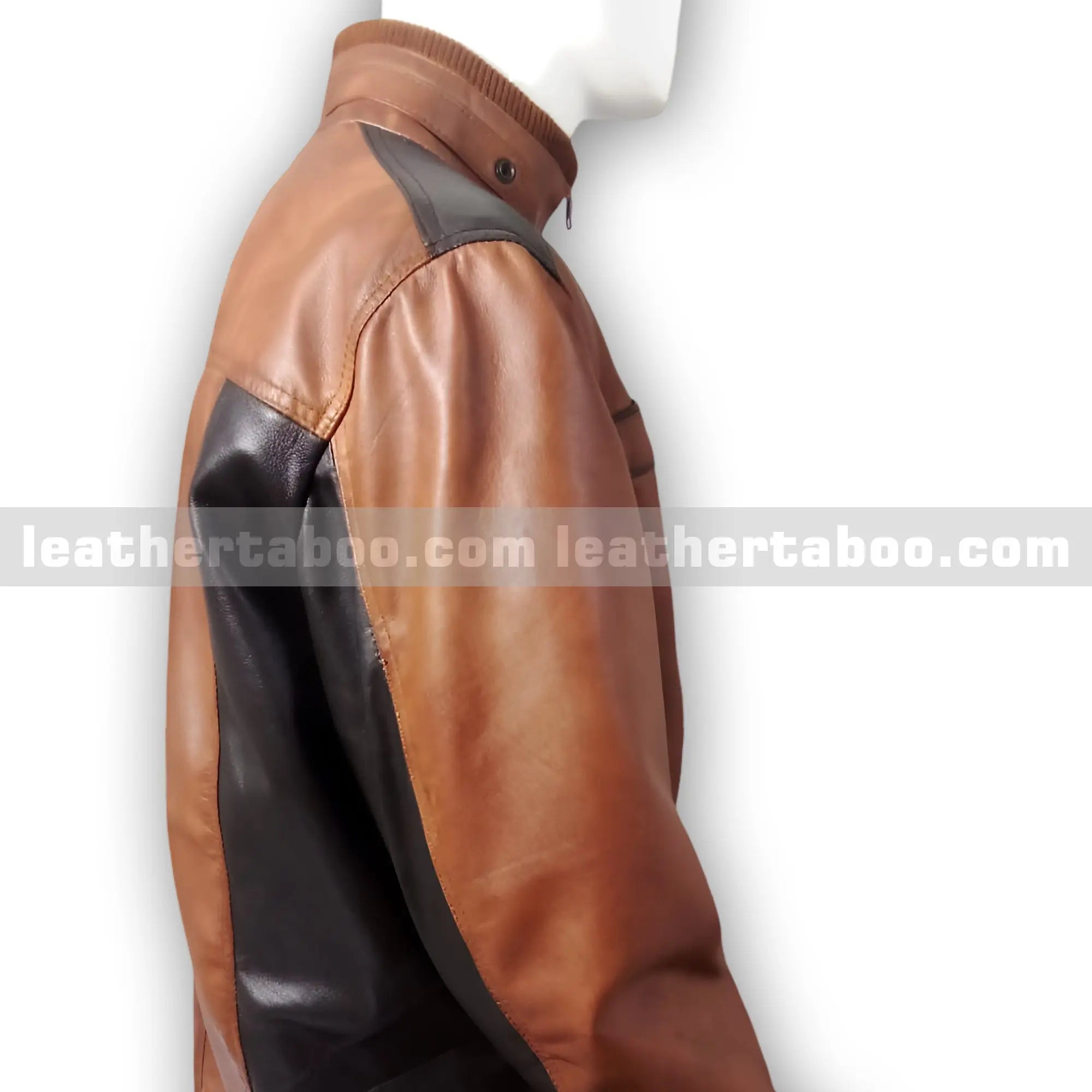 Men's Premium Sheepskin Leather Brown Jacket with Black Contrast Panels – Slim Fit Outerwear with Zipper - Leather taboo