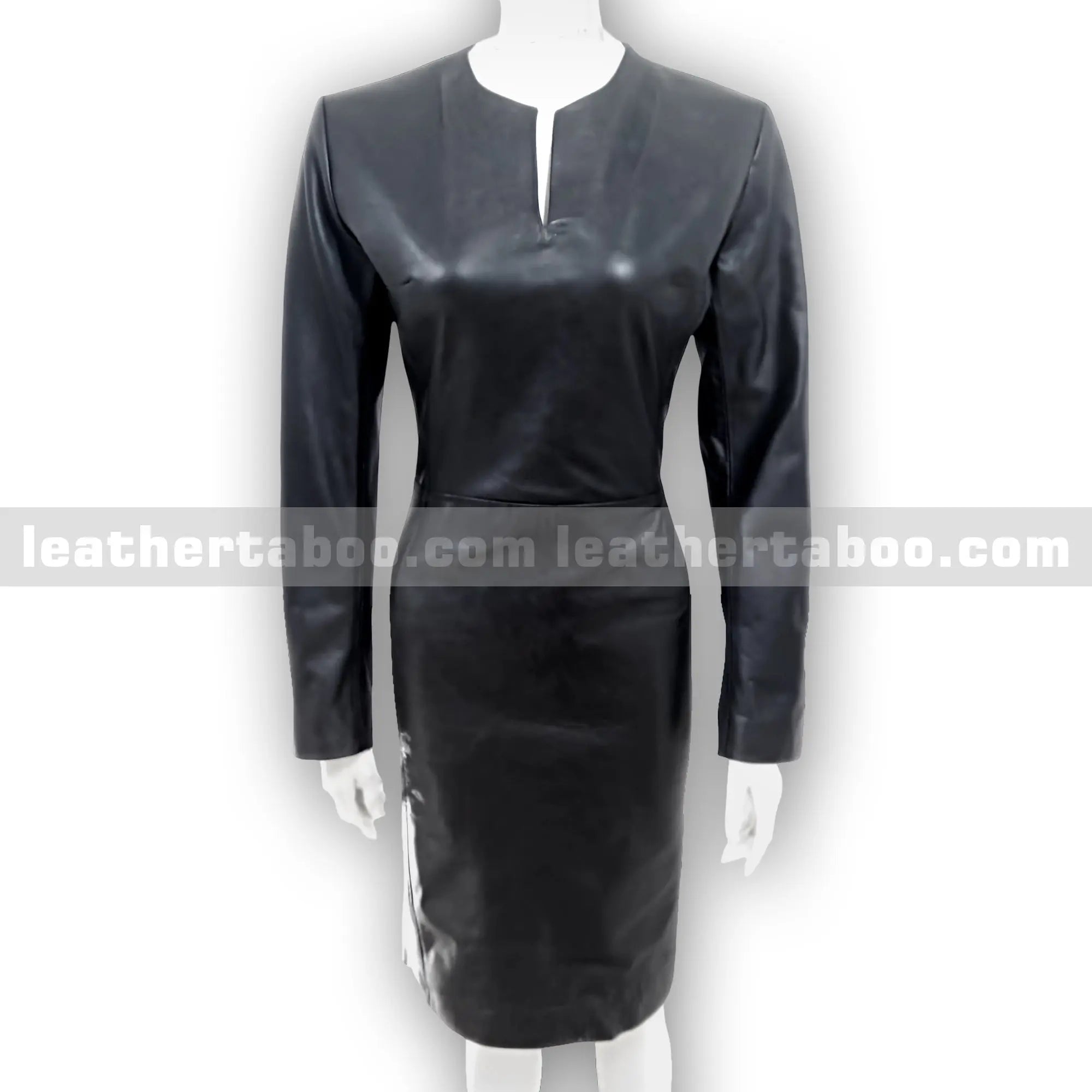 Women's Premium Sheepskin Leather Bodycon Dress – Black Fitted Long Sleeve Dress with V-Neck Detail for Elegant Styling - Leather taboo