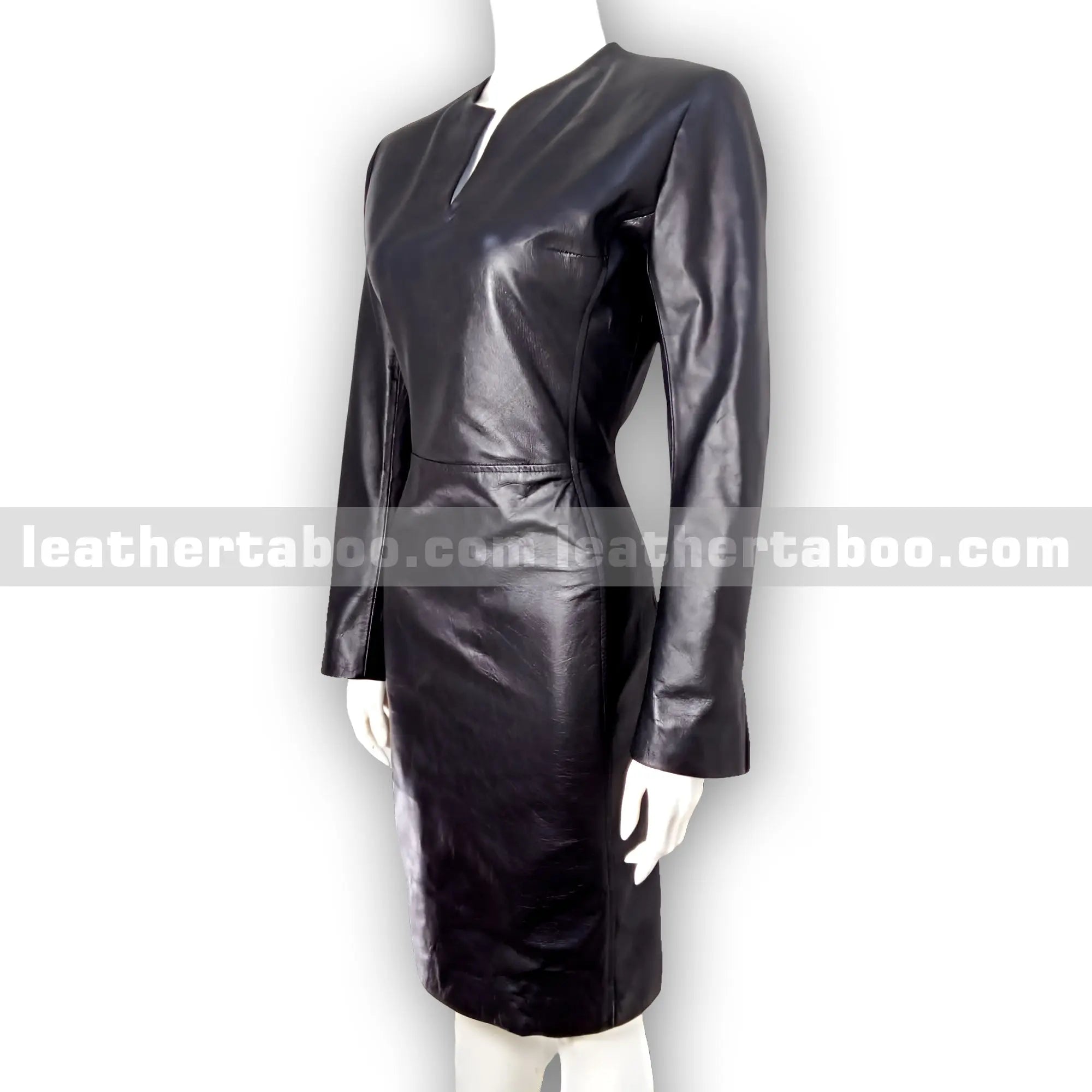 Women's Premium Sheepskin Leather Bodycon Dress – Black Fitted Long Sleeve Dress with V-Neck Detail for Elegant Styling - Leather taboo