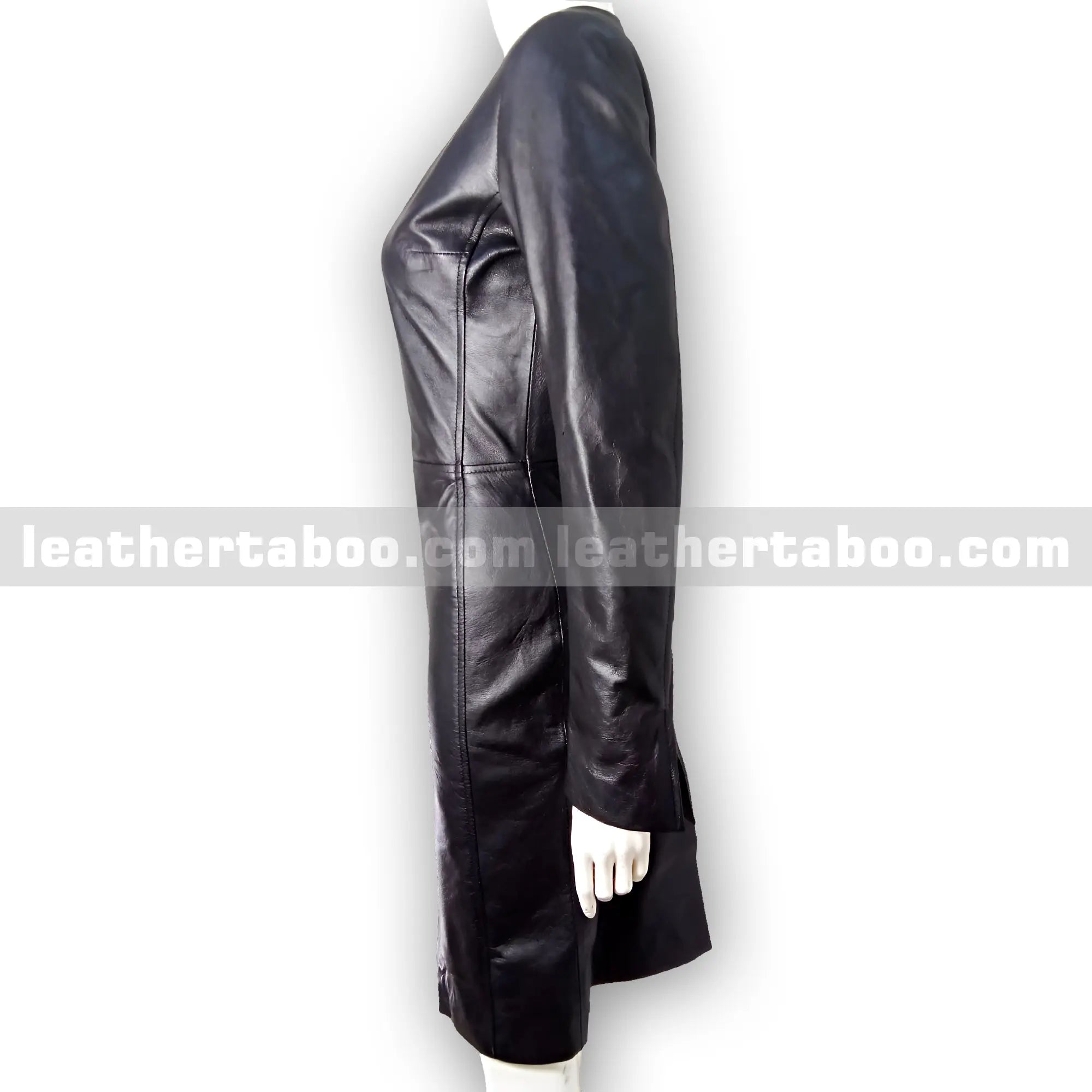 Women's Premium Sheepskin Leather Bodycon Dress – Black Fitted Long Sleeve Dress with V-Neck Detail for Elegant Styling - Leather taboo