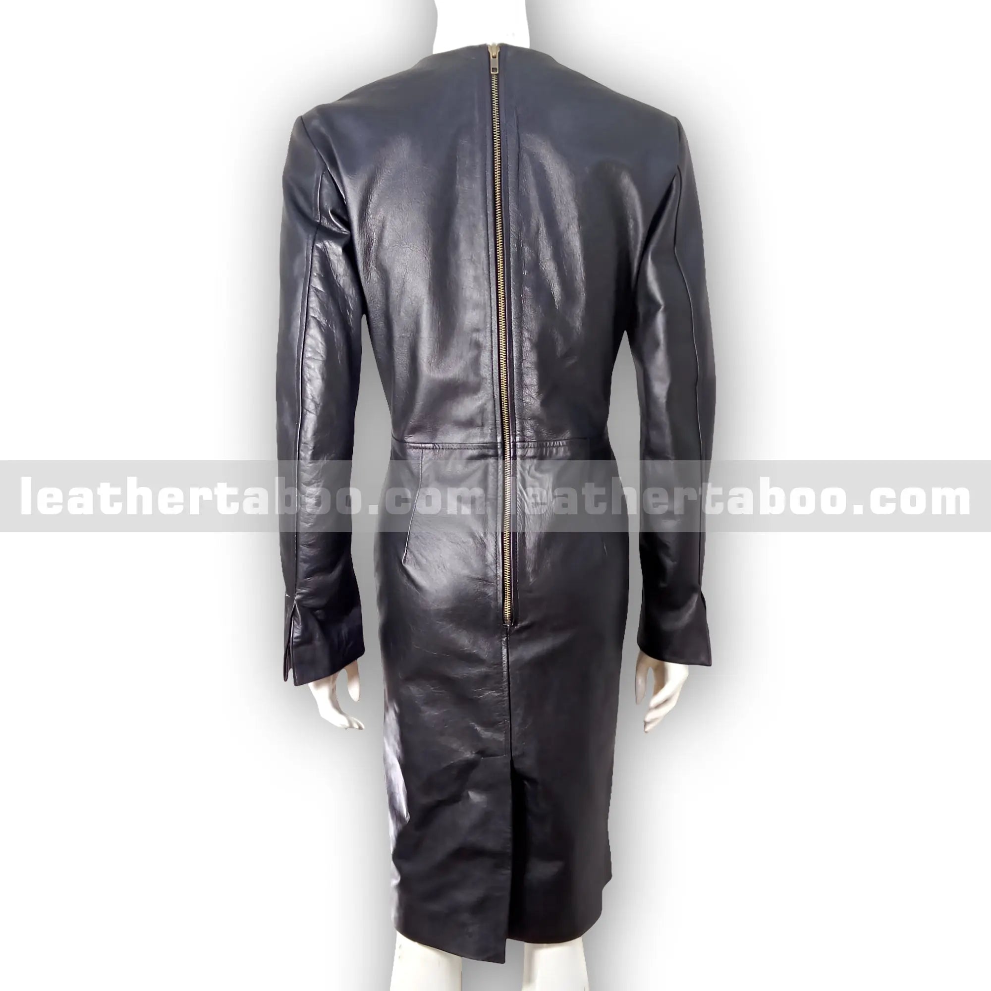 Women's Premium Sheepskin Leather Bodycon Dress – Black Fitted Long Sleeve Dress with V-Neck Detail for Elegant Styling - Leather taboo