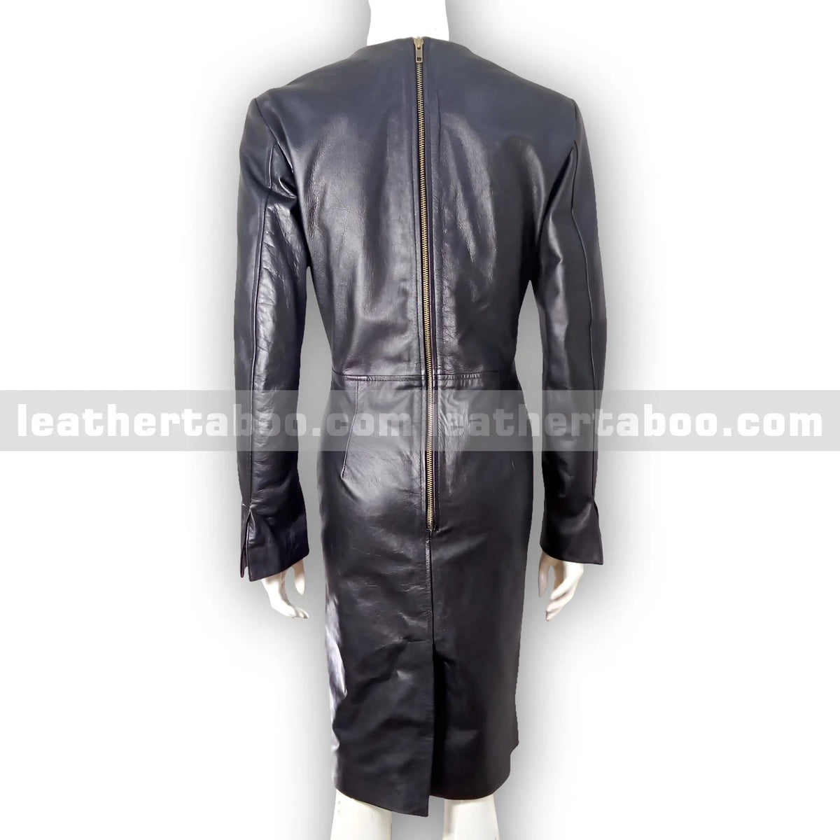 Women's Premium Sheepskin Leather Bodycon Dress – Black Fitted Long Sleeve Dress with V-Neck Detail for Elegant Styling - Leather taboo