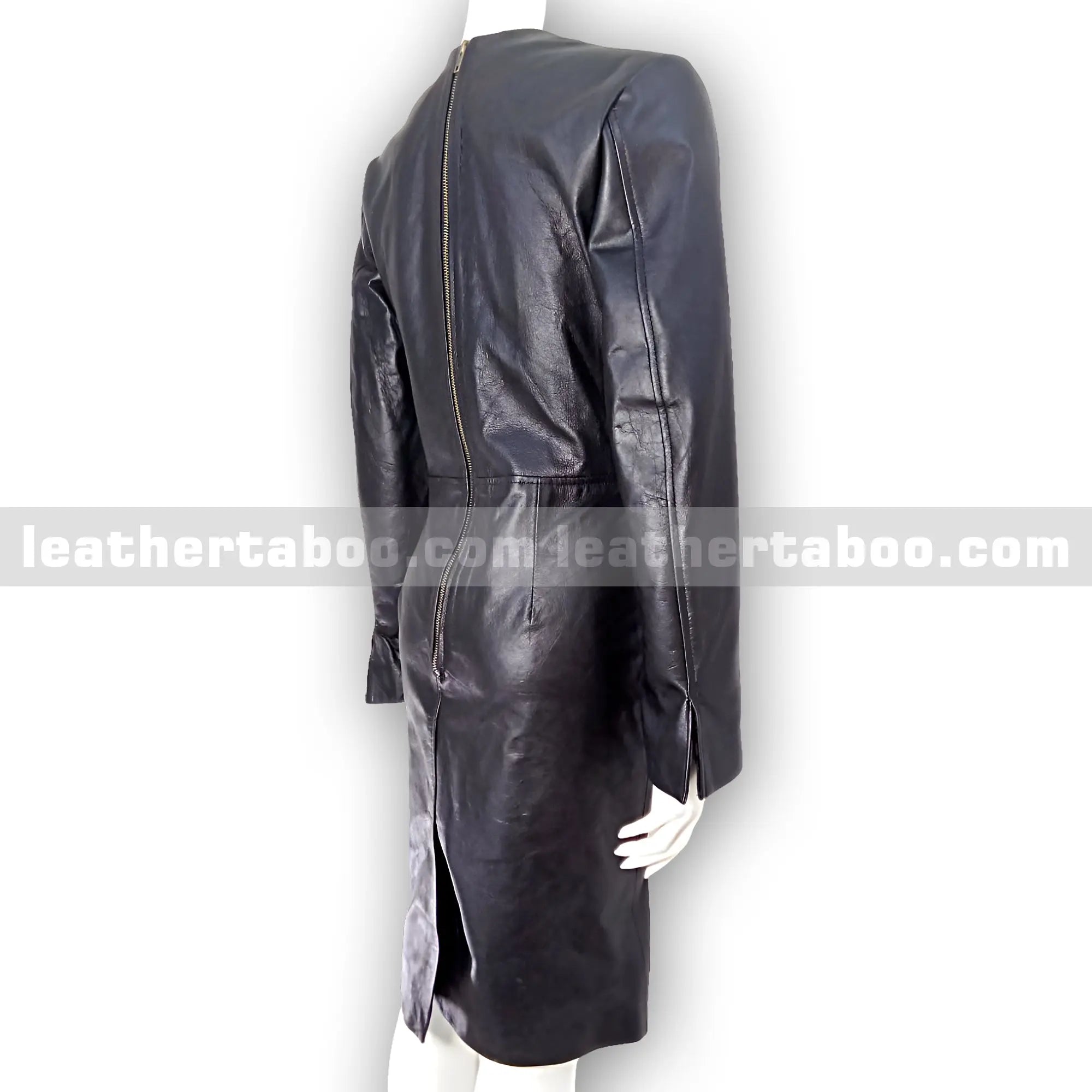 Women's Premium Sheepskin Leather Bodycon Dress – Black Fitted Long Sleeve Dress with V-Neck Detail for Elegant Styling - Leather taboo