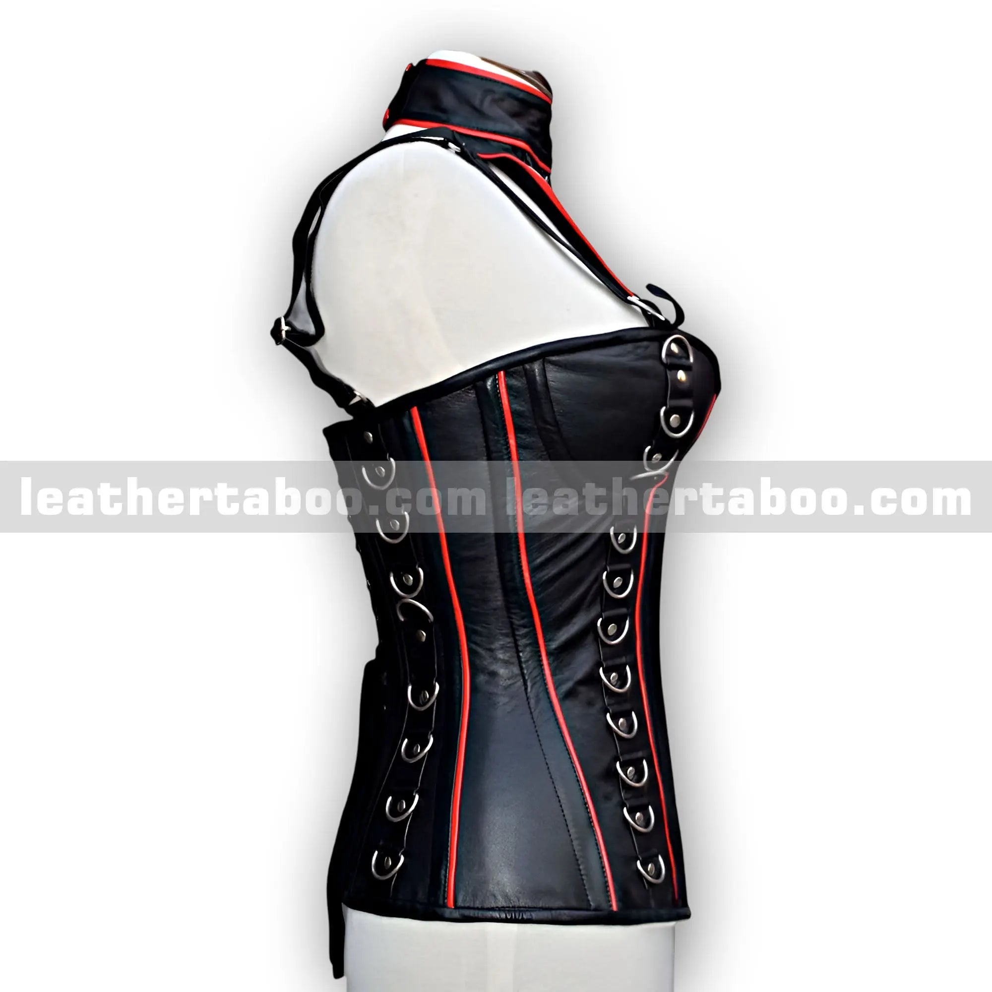 Women's Black Sheepskin Leather Corset Top with Red Trim and Buckle Details | Adjustable Lace Back | Premium Real Leather Wear - Leather taboo
