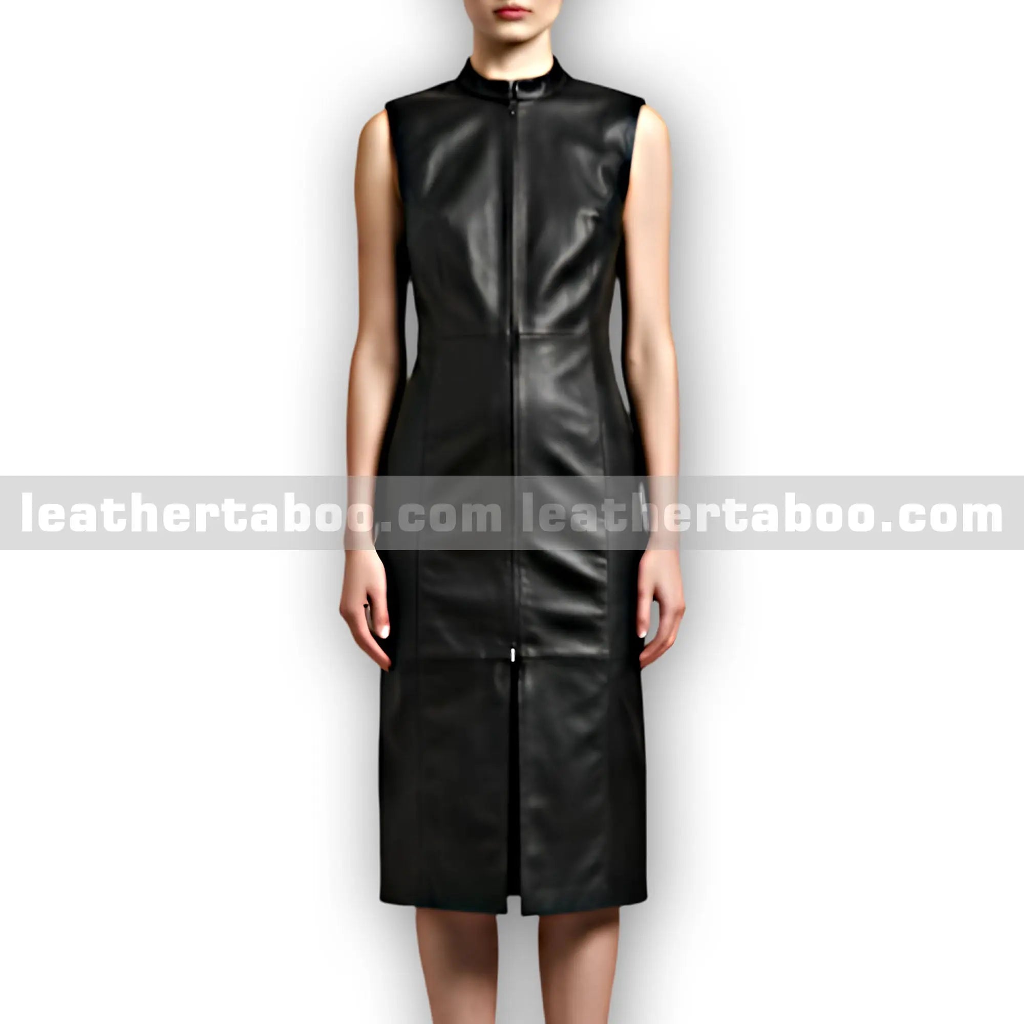 Women's Black Sheepskin Leather Midi Dress with Front Zipper | Sleeveless Bodycon Leather Dress | Premium Genuine Leather Outfit - Leather taboo