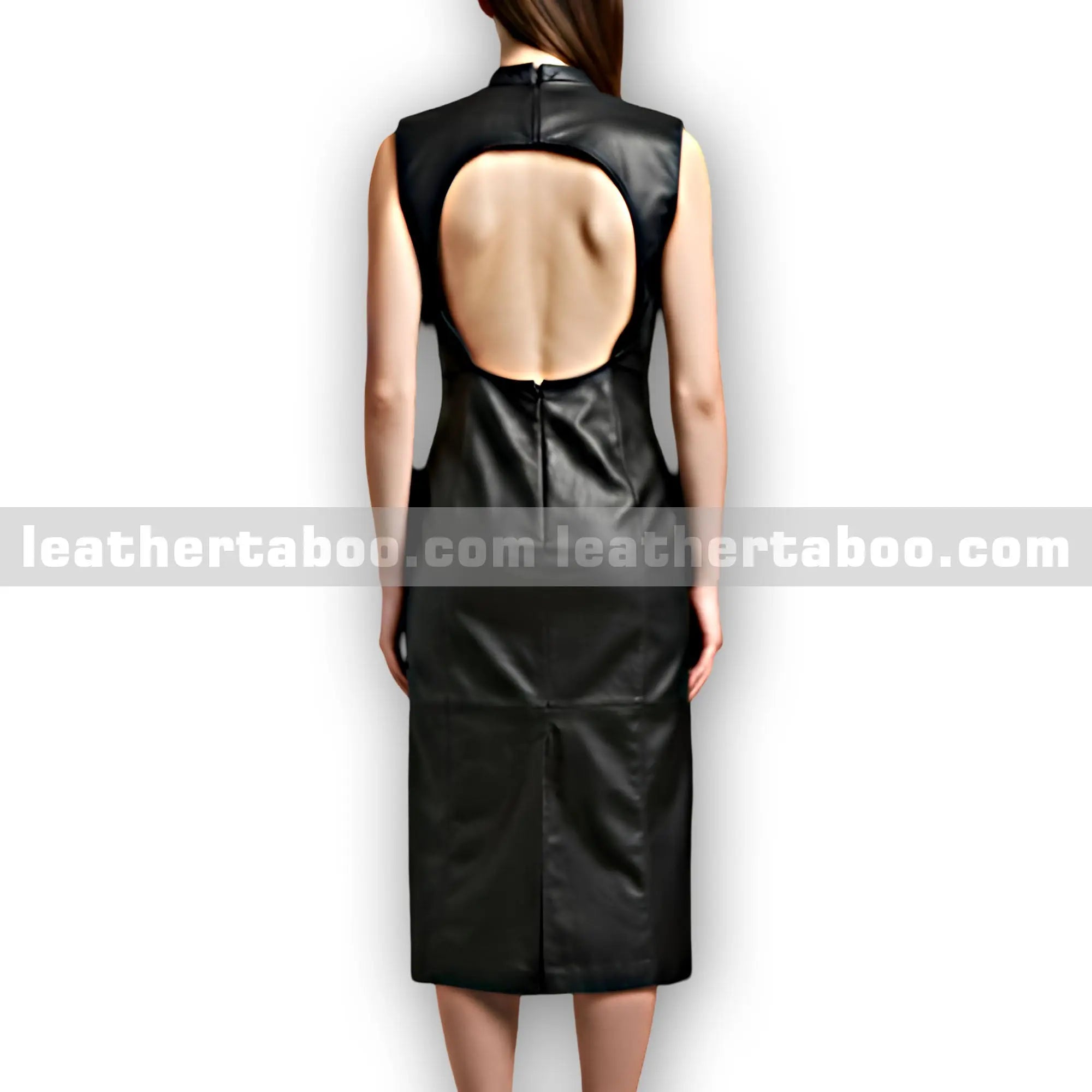Women's Black Sheepskin Leather Midi Dress with Front Zipper | Sleeveless Bodycon Leather Dress | Premium Genuine Leather Outfit - Leather taboo