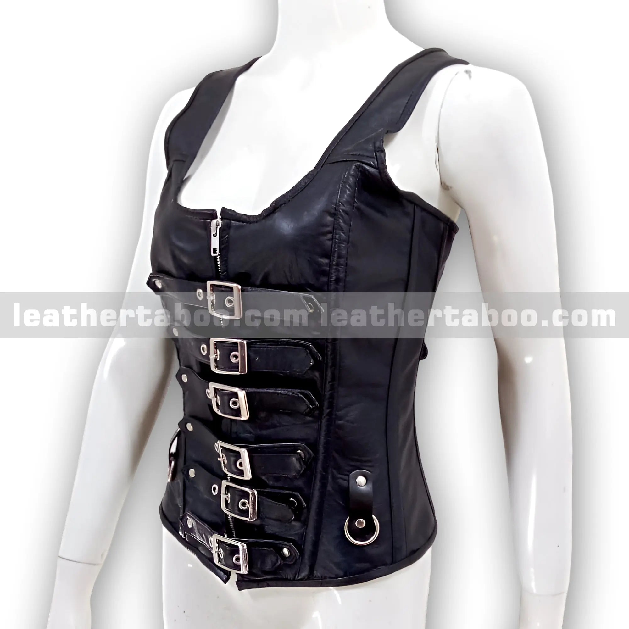 Women's Black Premium Sheepskin Leather Corset Top โ Buckled Front with Zip & Adjustable Lace-Up Back for Events, Cosplay, Styling - Leather taboo