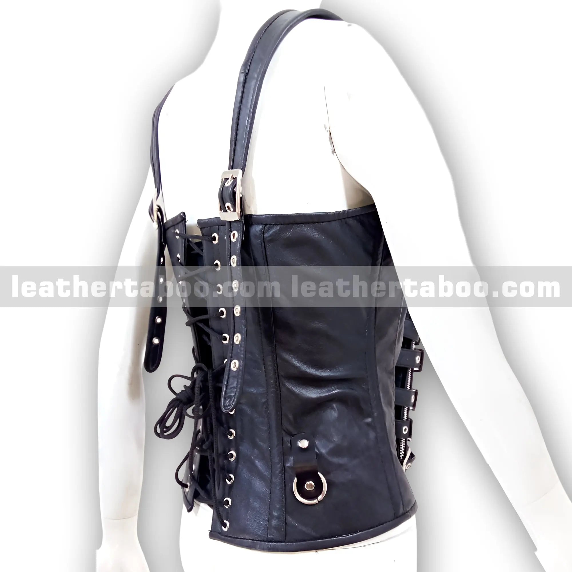 Women's Black Premium Sheepskin Leather Corset Top โ Buckled Front with Zip & Adjustable Lace-Up Back for Events, Cosplay, Styling - Leather taboo