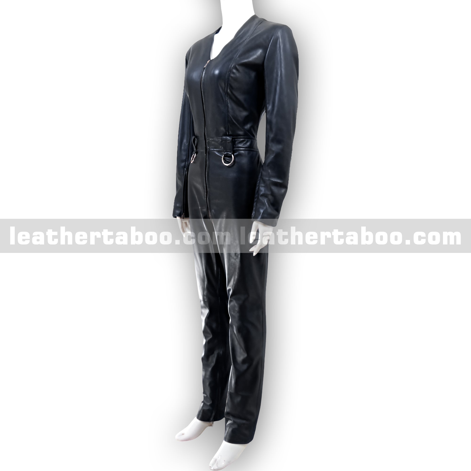 Women's Premium Sheepskin Leather Jumpsuit – Black Full-Body Zipper Suit with Ring Accents for Styling, Cosplay & Fashion Events
