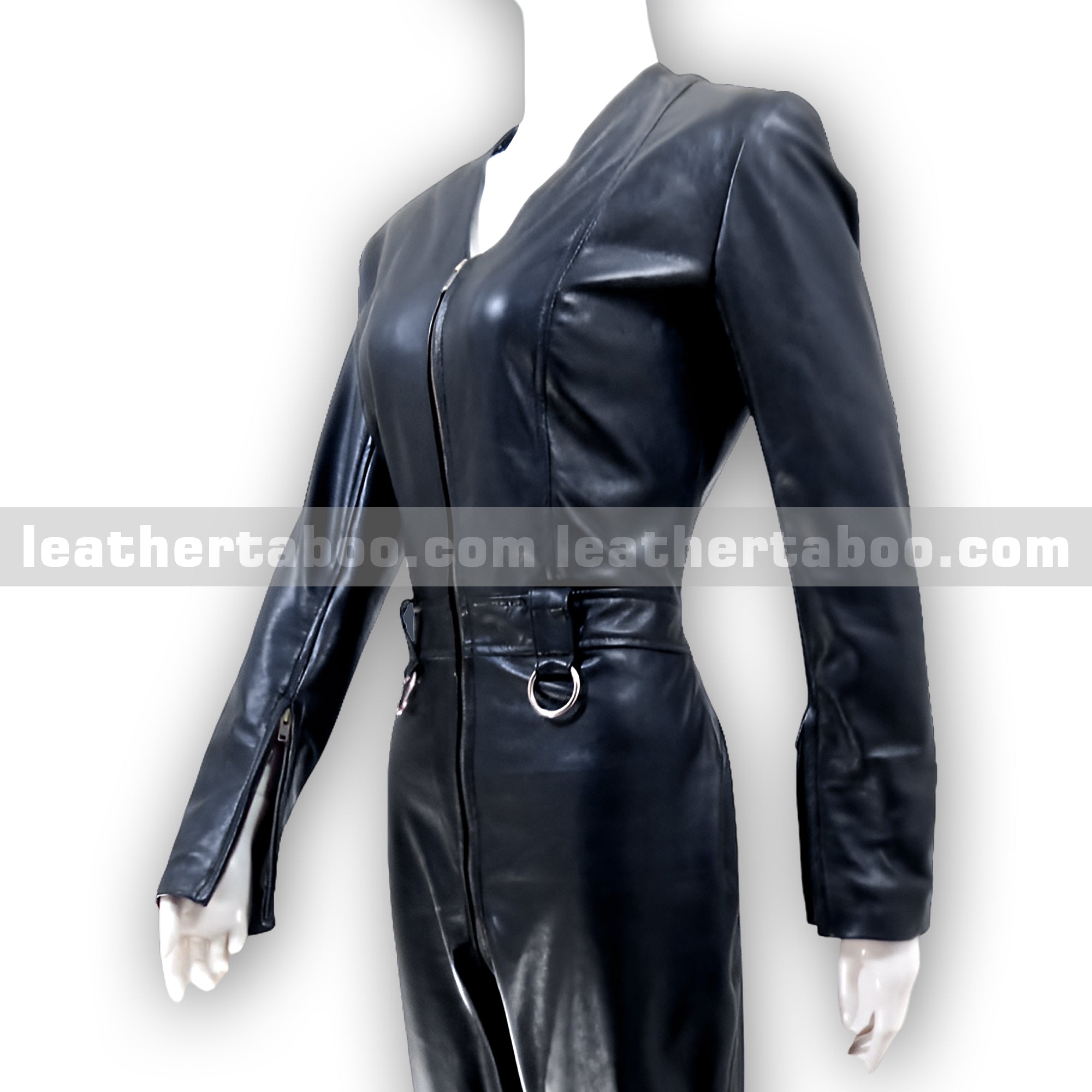 Women's Premium Sheepskin Leather Jumpsuit – Black Full-Body Zipper Suit with Ring Accents for Styling, Cosplay & Fashion Events