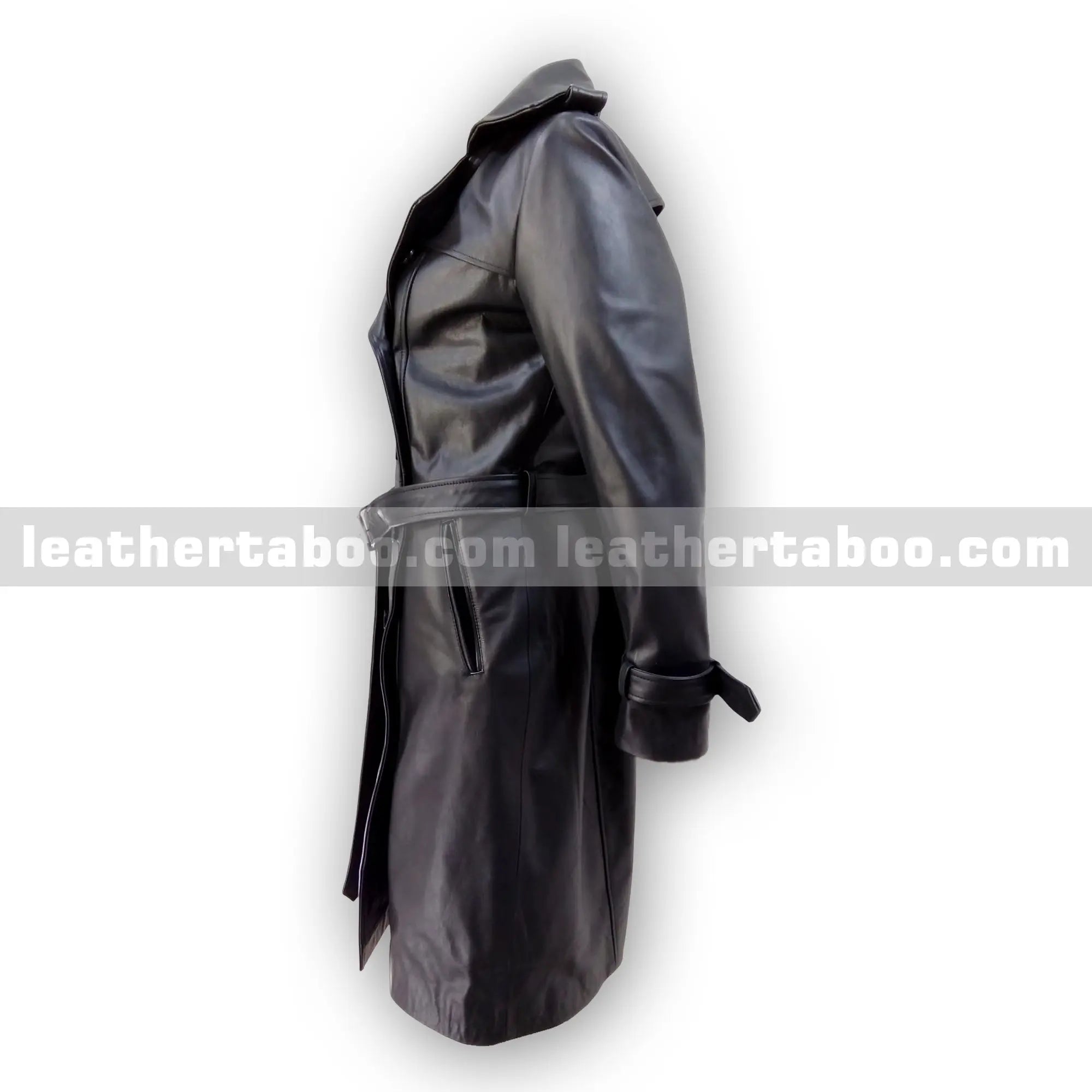 Women's Long Double-Breasted Black Sheepskin Leather Trench Coat with Belted Waist & Cuffs โ Classic Slim Fit Overcoat Style - Leather taboo