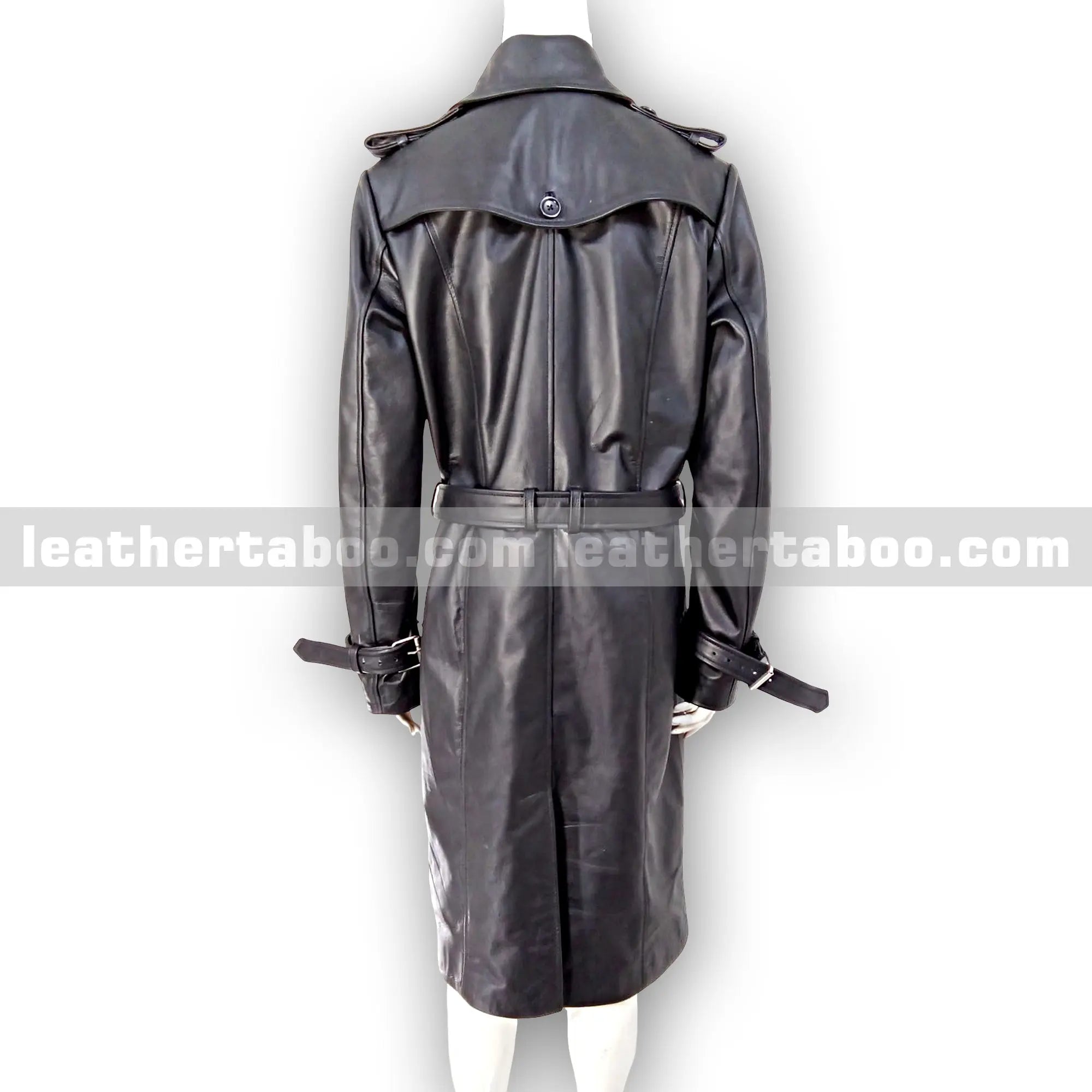 Women's Long Double-Breasted Black Sheepskin Leather Trench Coat with Belted Waist & Cuffs โ Classic Slim Fit Overcoat Style - Leather taboo