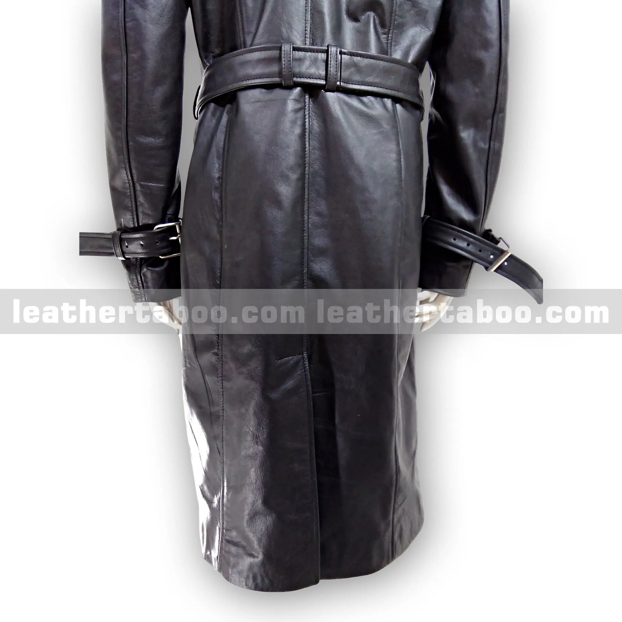 Women's Long Double-Breasted Black Sheepskin Leather Trench Coat with Belted Waist & Cuffs โ Classic Slim Fit Overcoat Style - Leather taboo