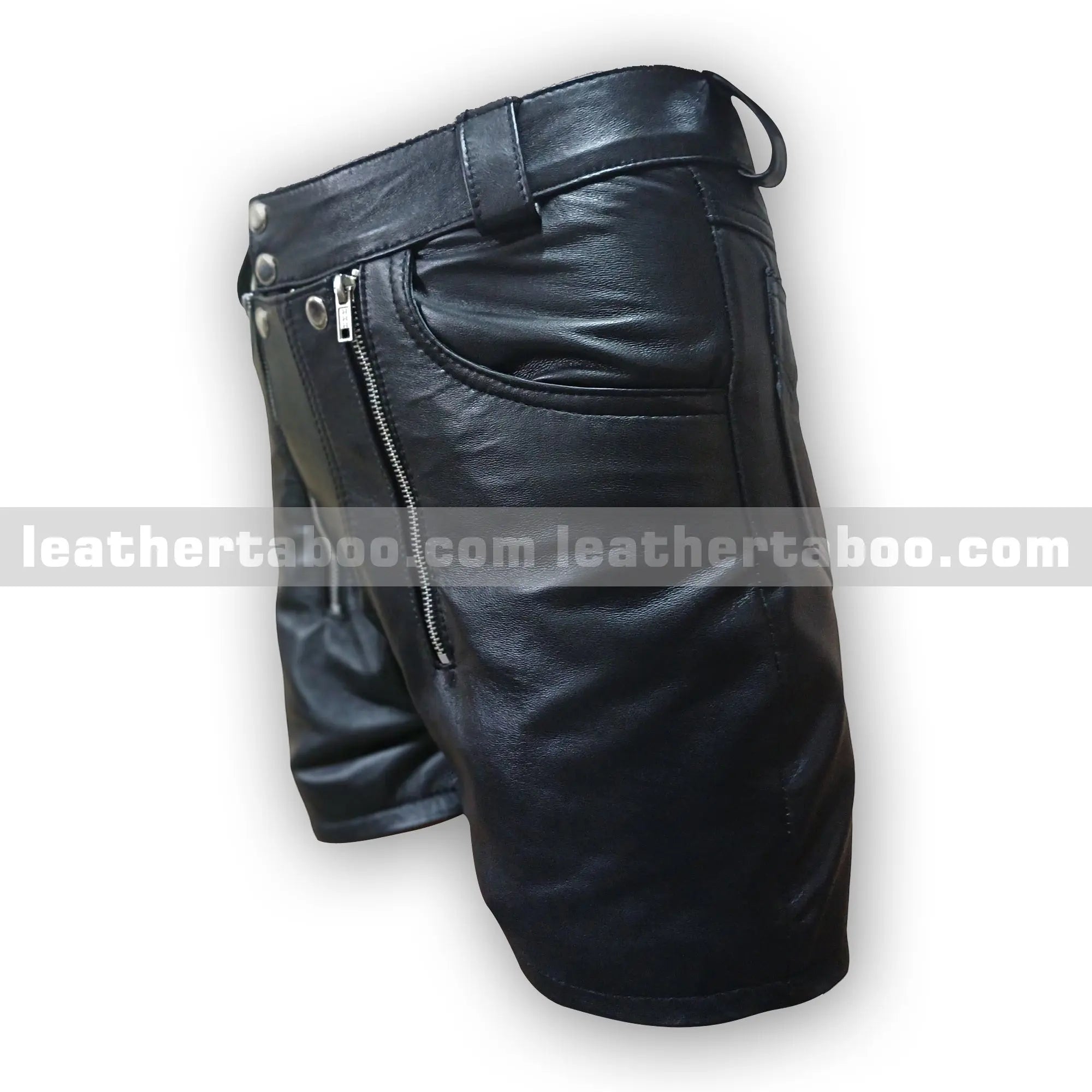Men’s Black Sheepskin Leather Shorts with Front and Back Zipper Panels – Functional Multi-Zip Fly – Utility Pocket Streetwear - Leather taboo