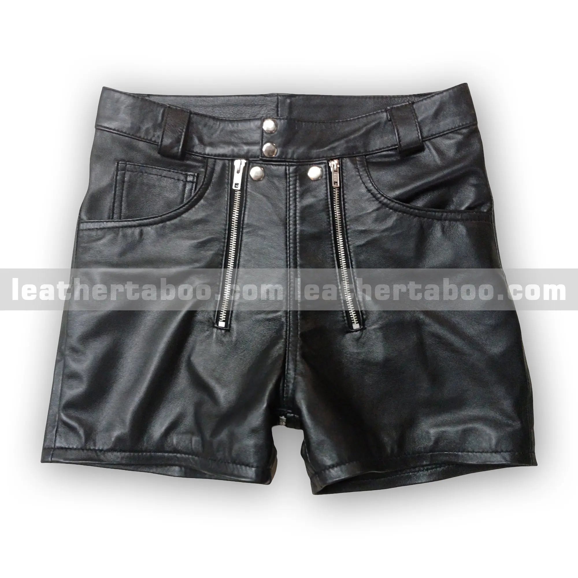 Men’s Black Sheepskin Leather Shorts with Front and Back Zipper Panels – Functional Multi-Zip Fly – Utility Pocket Streetwear - Leather taboo