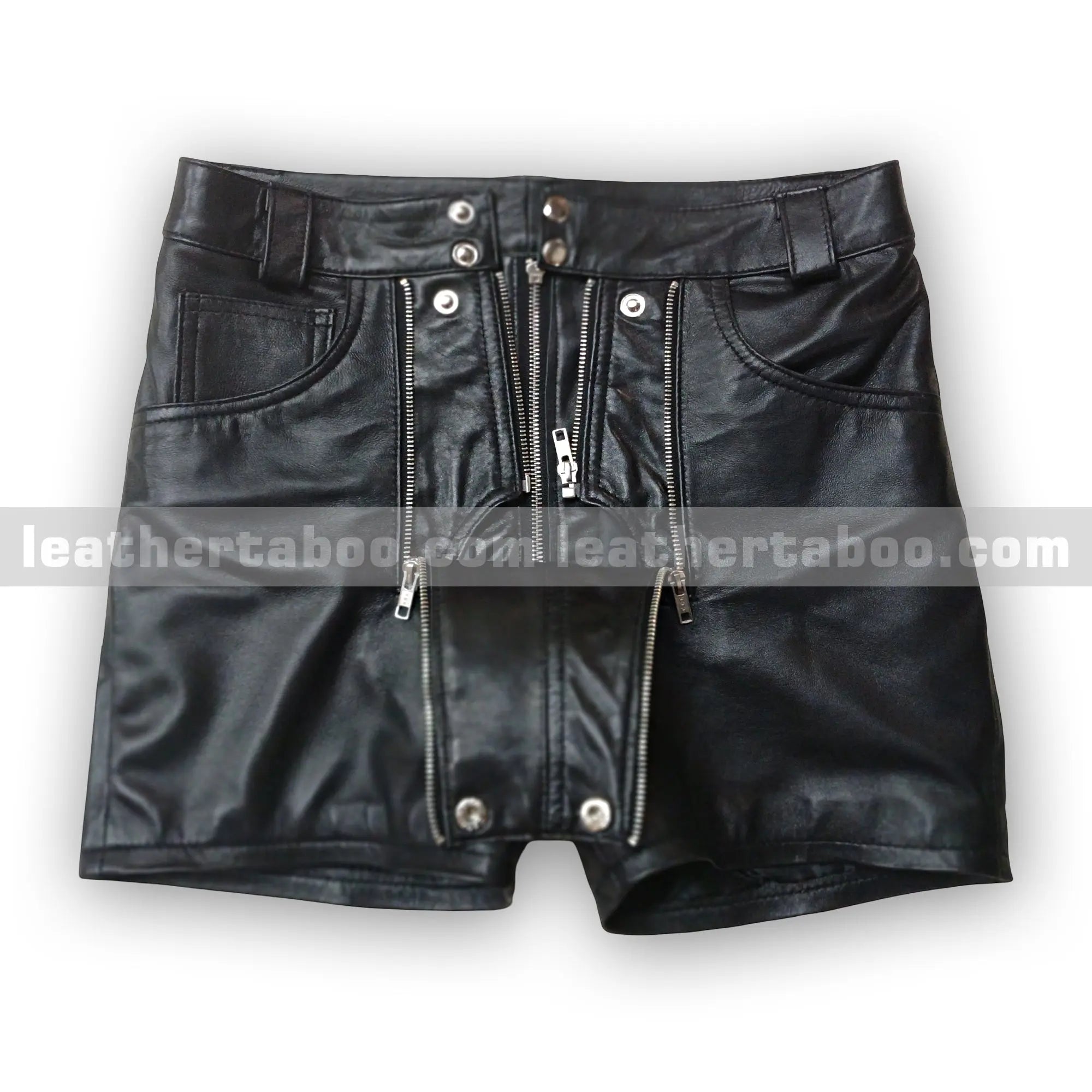 Men’s Black Sheepskin Leather Shorts with Front and Back Zipper Panels – Functional Multi-Zip Fly – Utility Pocket Streetwear - Leather taboo