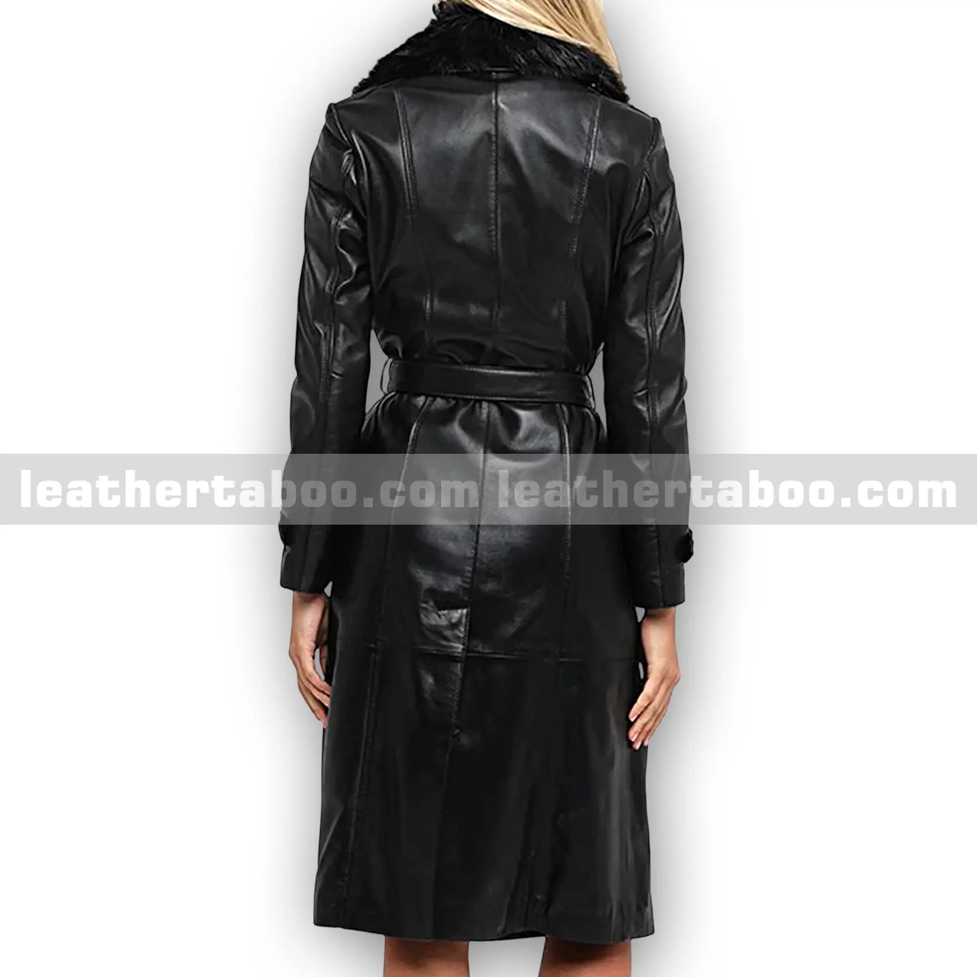 Women's Black Leather Trench Coat with Faux Fur Collar, Premium Sheepskin Overcoat, Double Breasted Long Jacket, Belted Winter Coat - Leather taboo