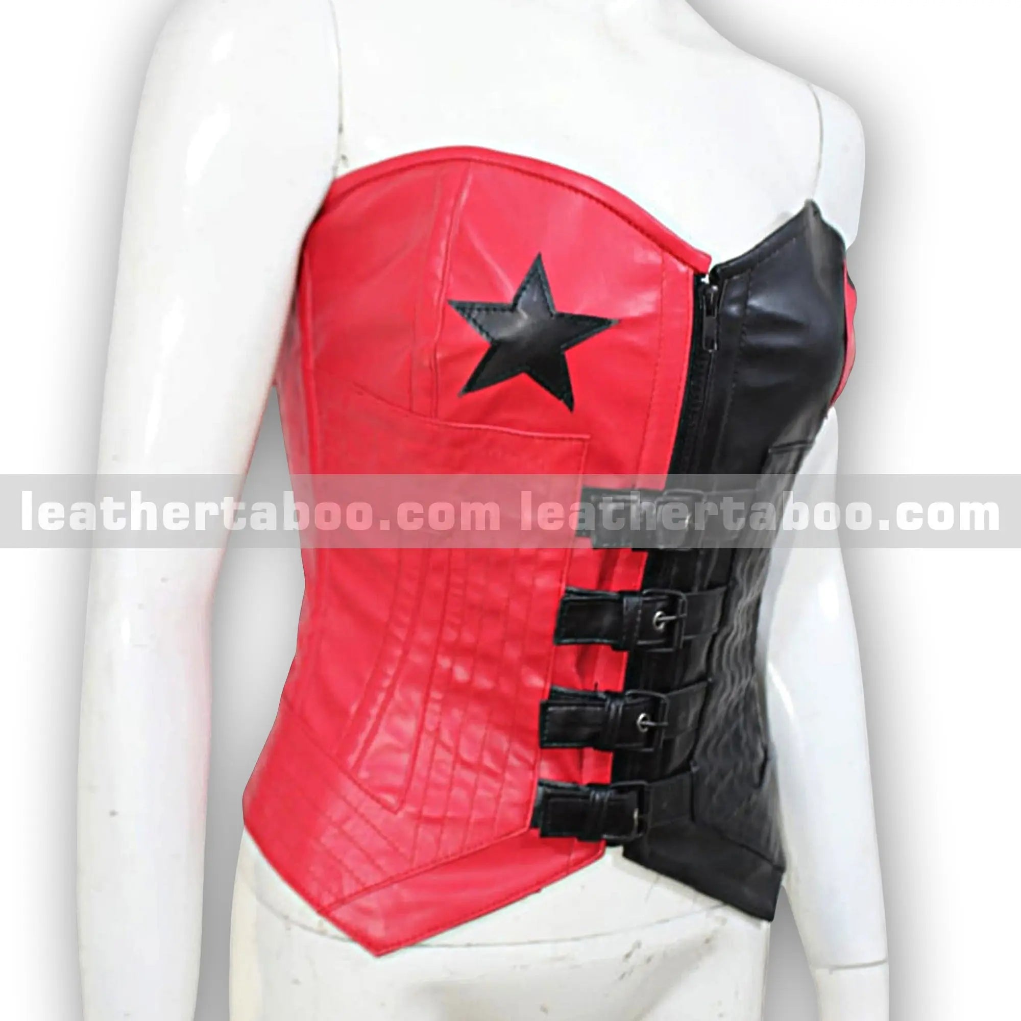 Red and Black Sheepskin Leather Corset Top for Women with Zipper and Buckle Detail – Premium Quality Structured Fit - Leather taboo