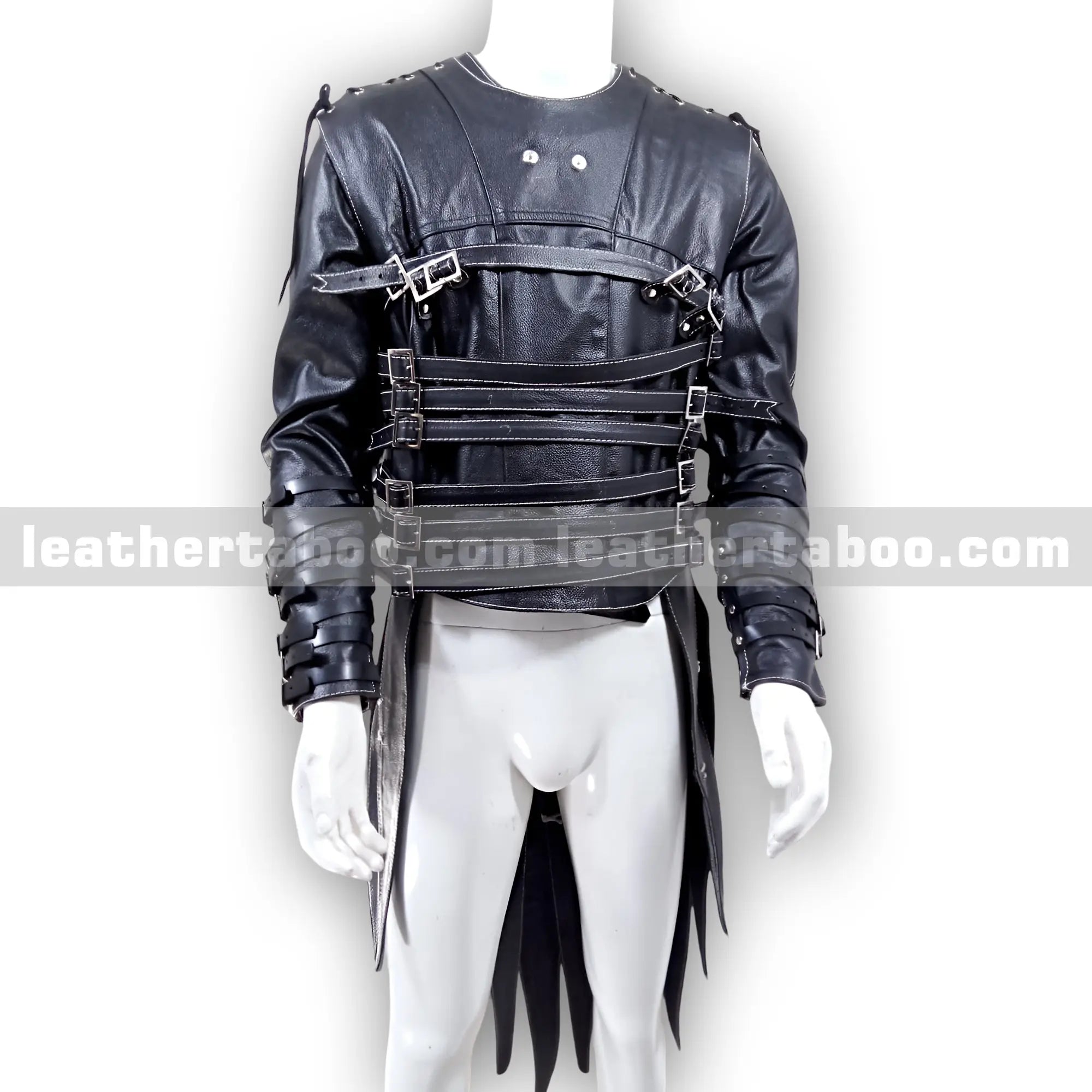 Premium Cowhide Leather Buckled Jacket for Men โ Black Structured Design with Adjustable Straps and Shoulder Accents - Leather taboo