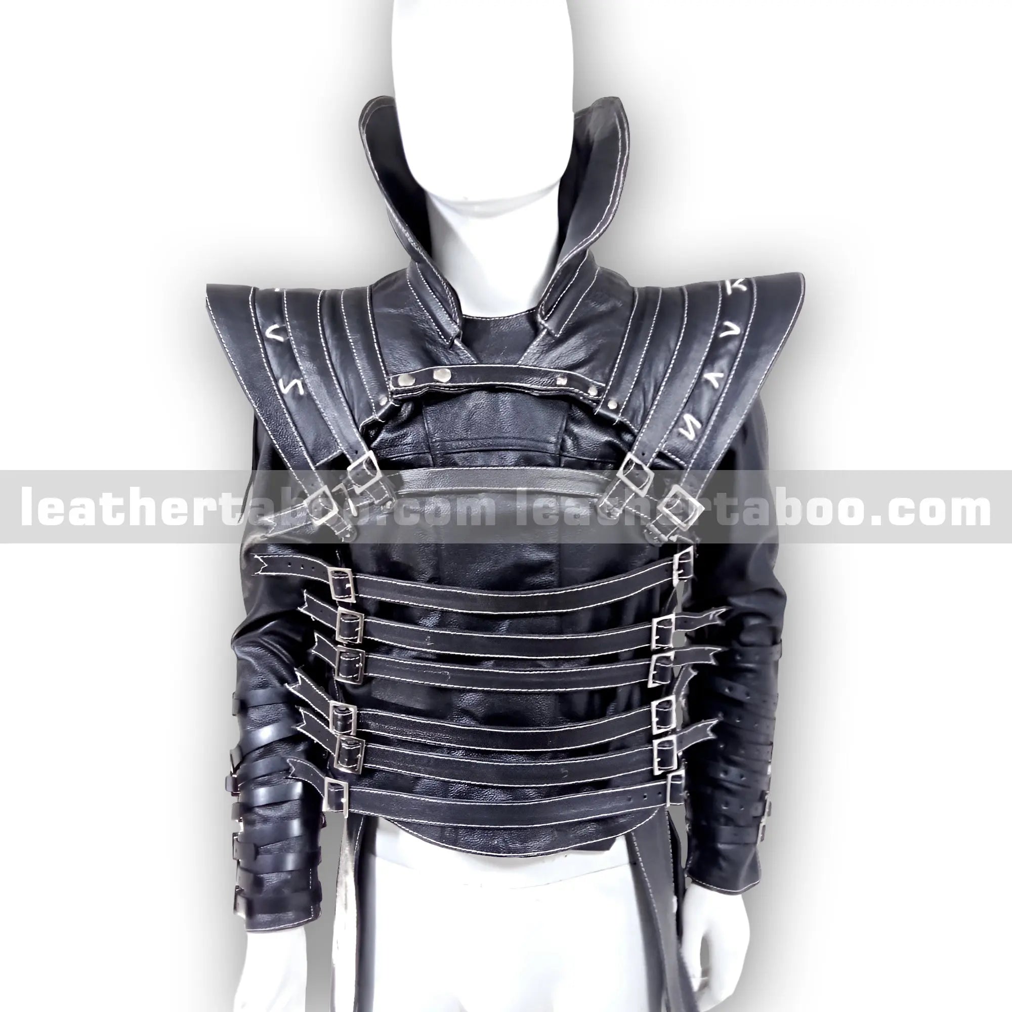 Premium Cowhide Leather Buckled Jacket for Men โ Black Structured Design with Adjustable Straps and Shoulder Accents - Leather taboo