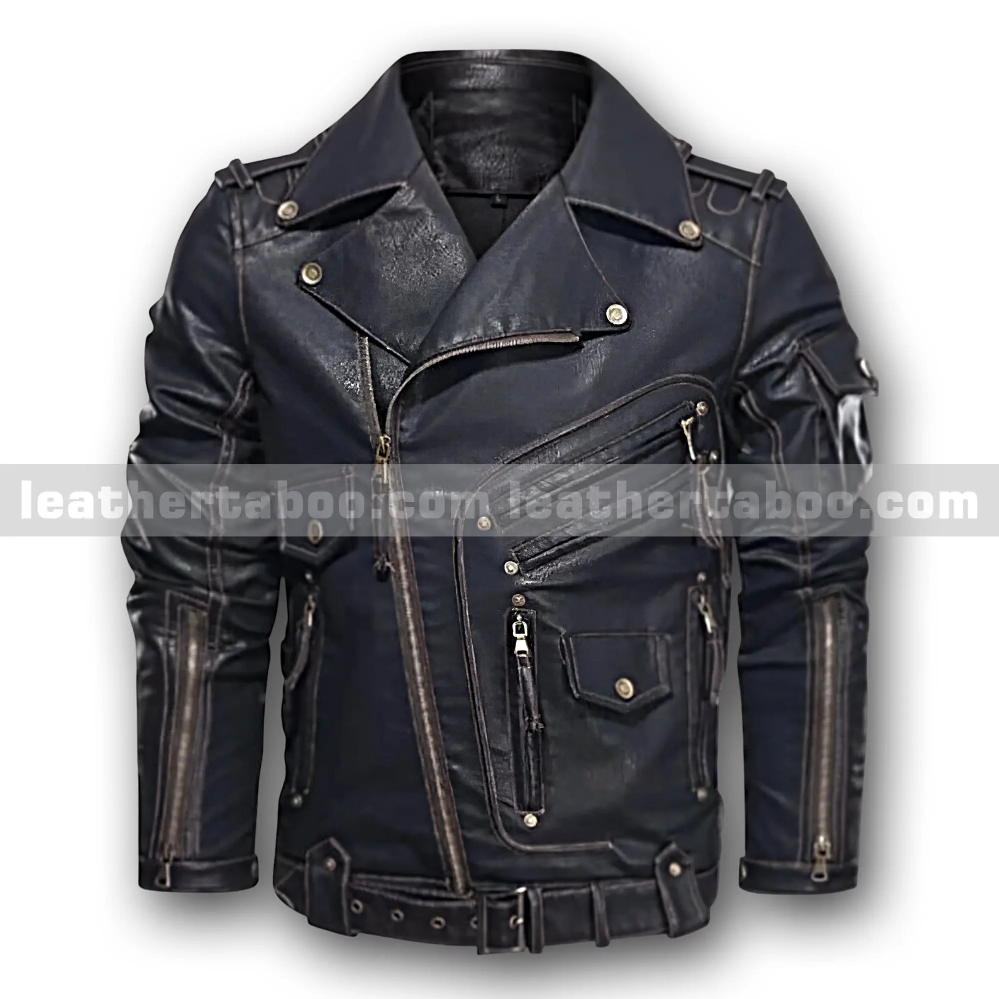 Menโs Black Premium Cowhide Leather Moto Jacket | Multi-Pocket Biker Jacket with Zipper Details & Adjustable Waist Belt - Leather taboo