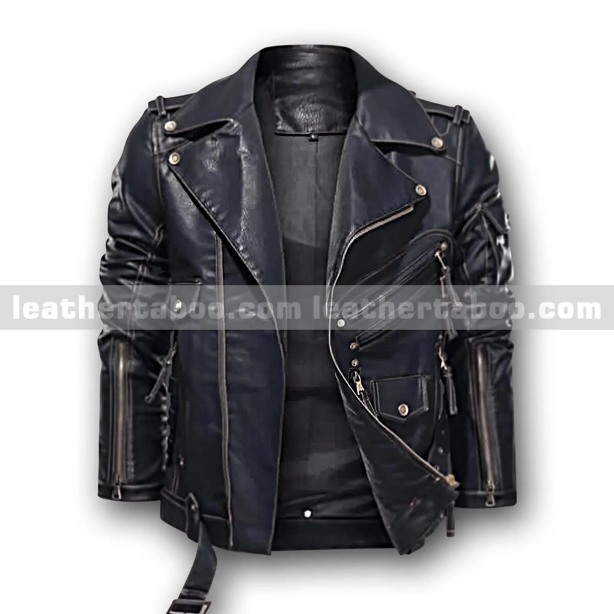 Menโs Black Premium Cowhide Leather Moto Jacket | Multi-Pocket Biker Jacket with Zipper Details & Adjustable Waist Belt - Leather taboo
