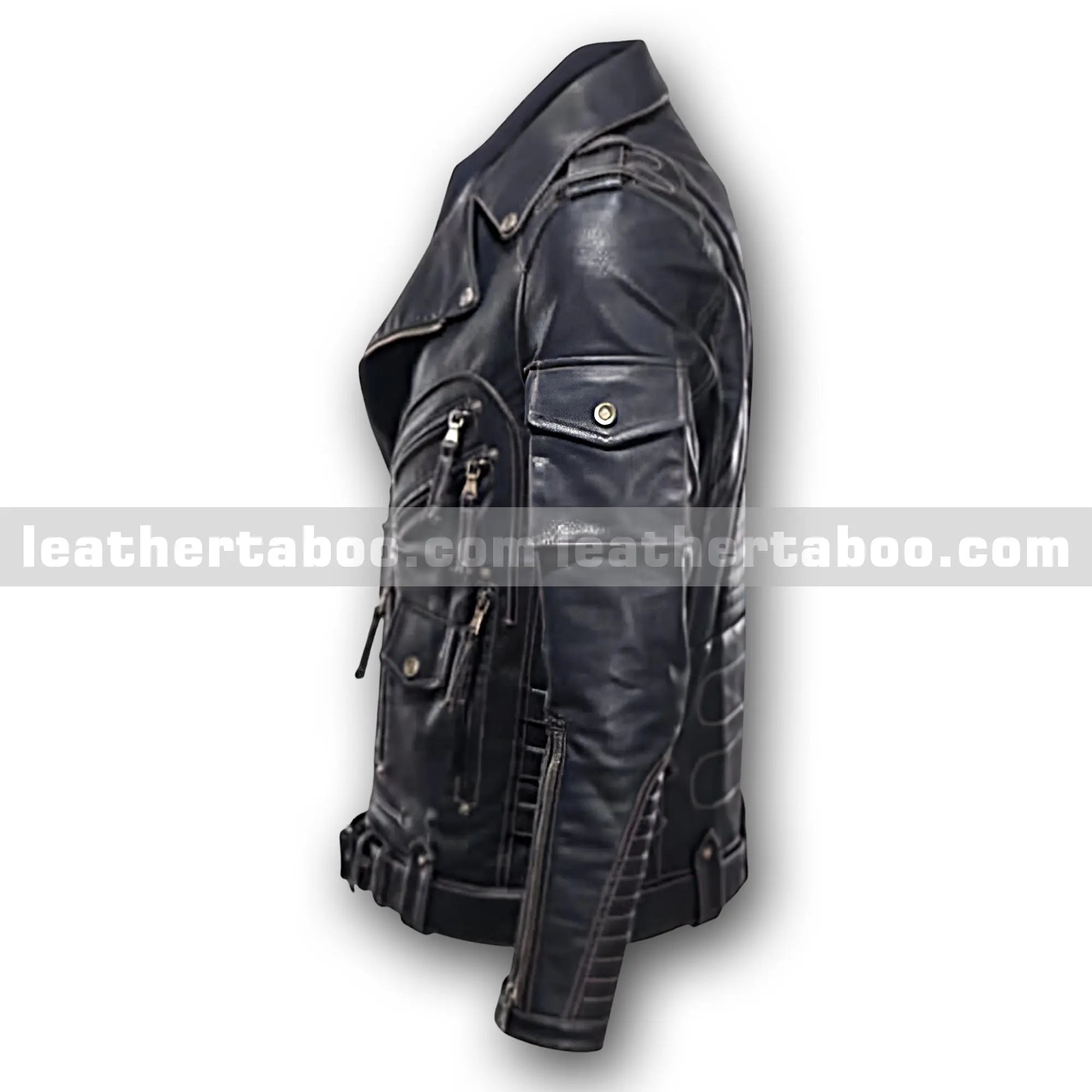 Men’s Black Premium Cowhide Leather Moto Jacket | Multi-Pocket Biker Jacket with Zipper Details & Adjustable Waist Belt - Leather taboo