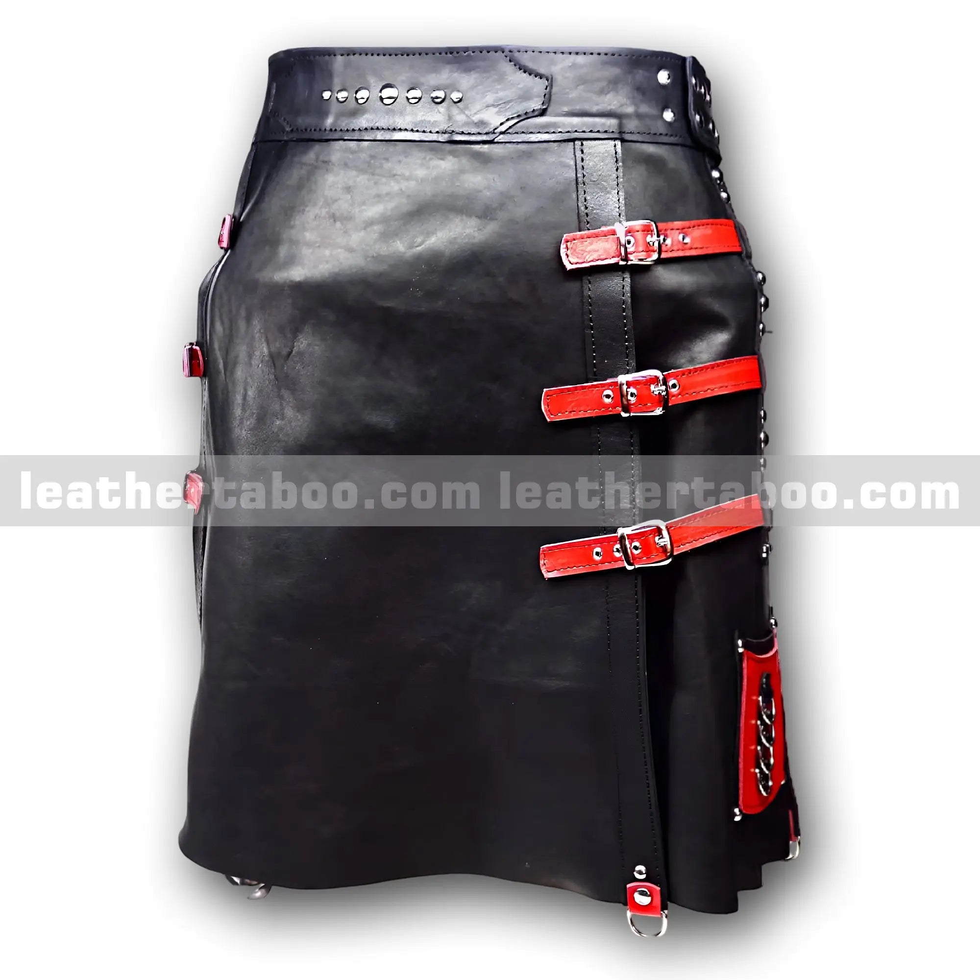 Unisex Premium Sheepskin Leather Black Skirt with Red Buckle Straps | Adjustable Waist Skirt for Fashion & Statement Wear - Leather taboo